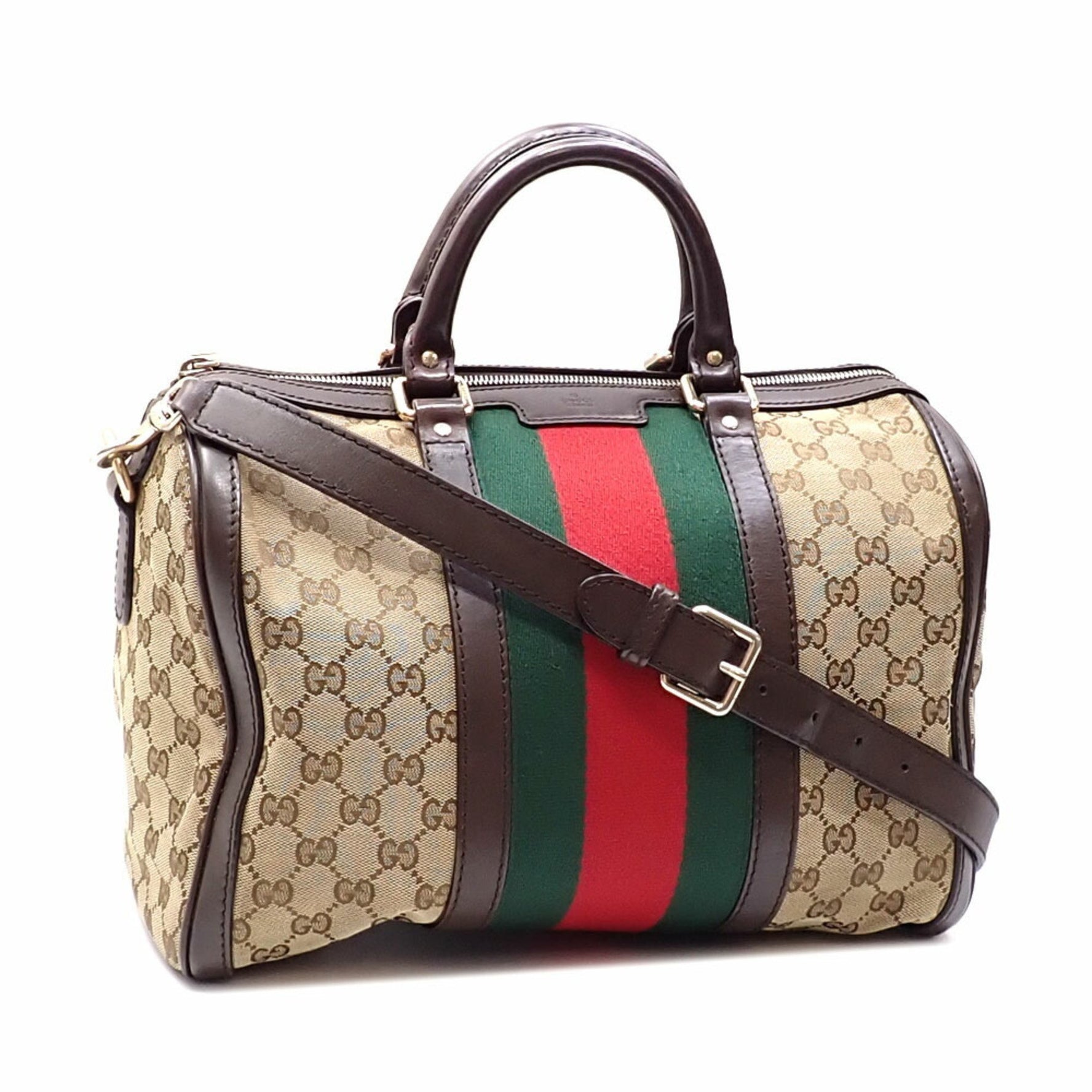 Gucci handbag, beige/brown GG canvas and leather, shoulder bag women, mini Boston bag, Sherry line