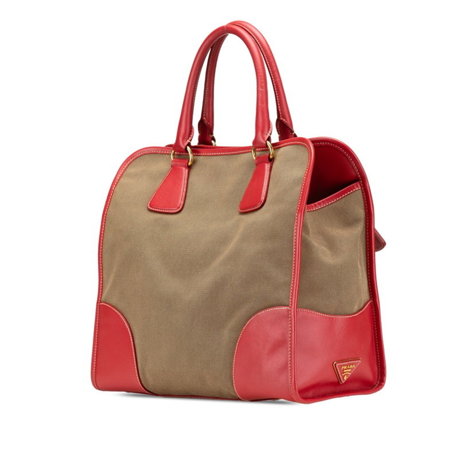Prada Triangle Plate Saffiano Handbag Shoulder Bag Red Beige Canvas Leather Women's PRADA
