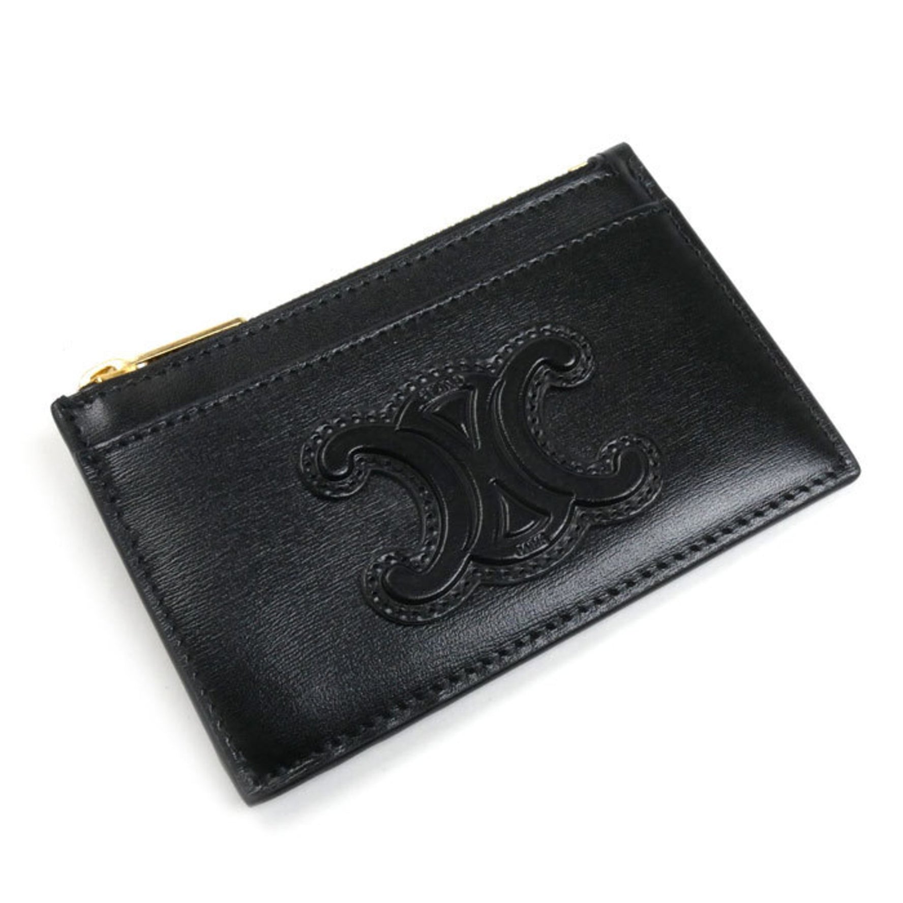 CELINE Triomphe Leather Cuir Coin Case, Black, Women's, 10K583EMH.38NO
