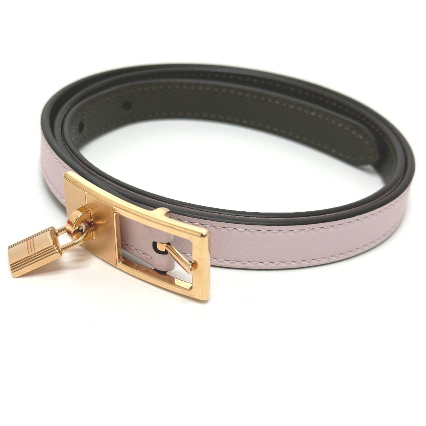 HERMES Lucky 15 PM Reversible Belt in Swift Leather/Epsom Leather, Pink/Khaki