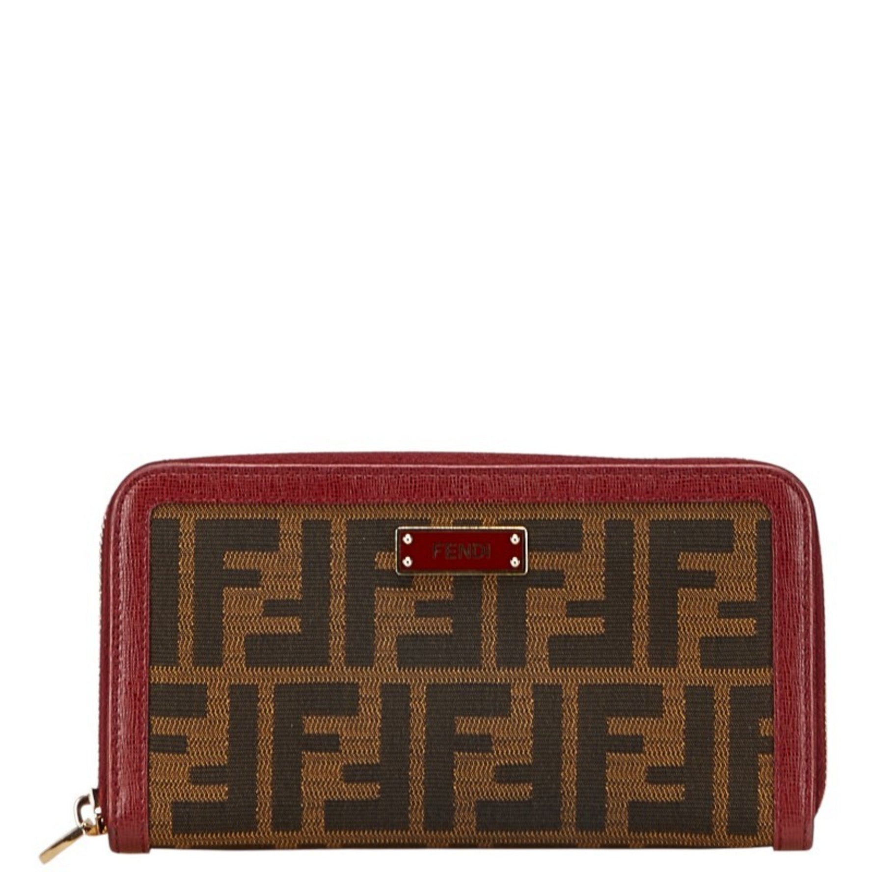 Fendi Zucca Long Wallet with Round Zipper in Brown and Wine Red Canvas Leather