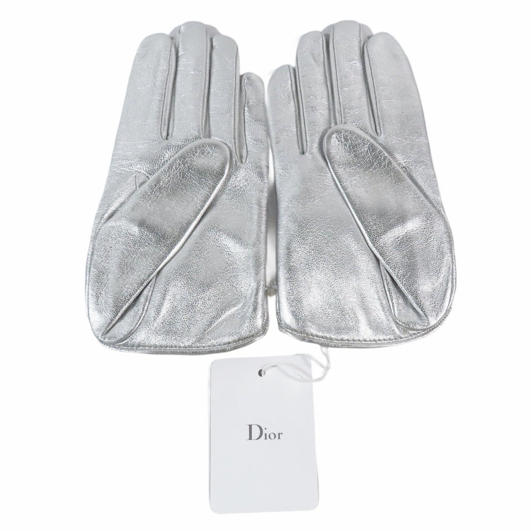 Christian Dior Lamb Leather Gloves with Logo and Pearl Chain Charm, Metallic Silver, Women's