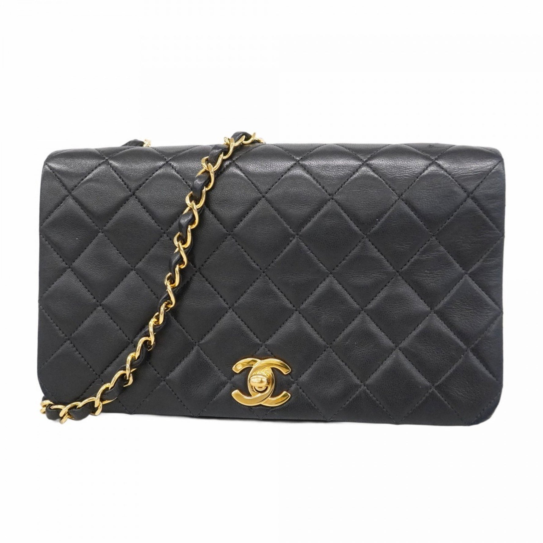 Chanel Matelasse Shoulder Bag with Chain Bag, Lambskin, Black, Women's