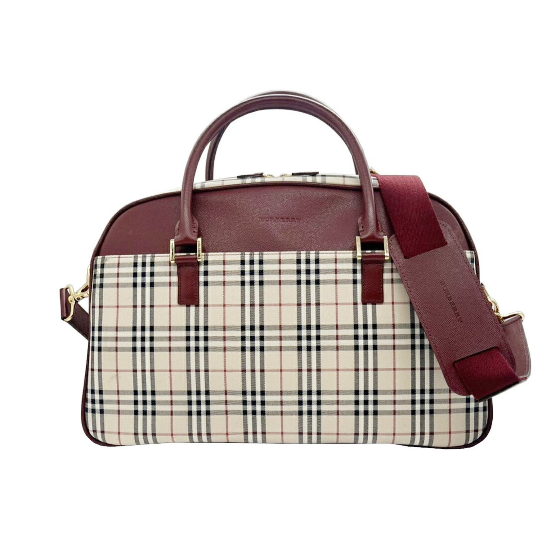 BURBERRY Nova Check Boston Bag in Beige and Wine Red Canvas Leather Shoulder Women