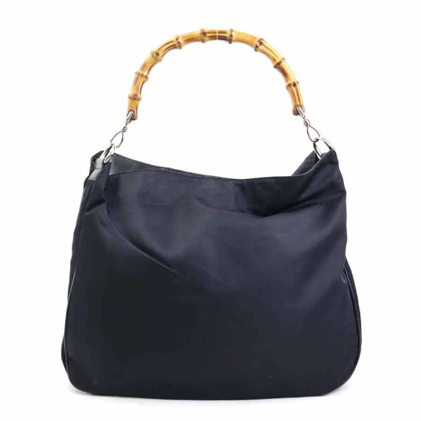 Gucci Shoulder Bag Bamboo Nylon Canvas Leather Silver