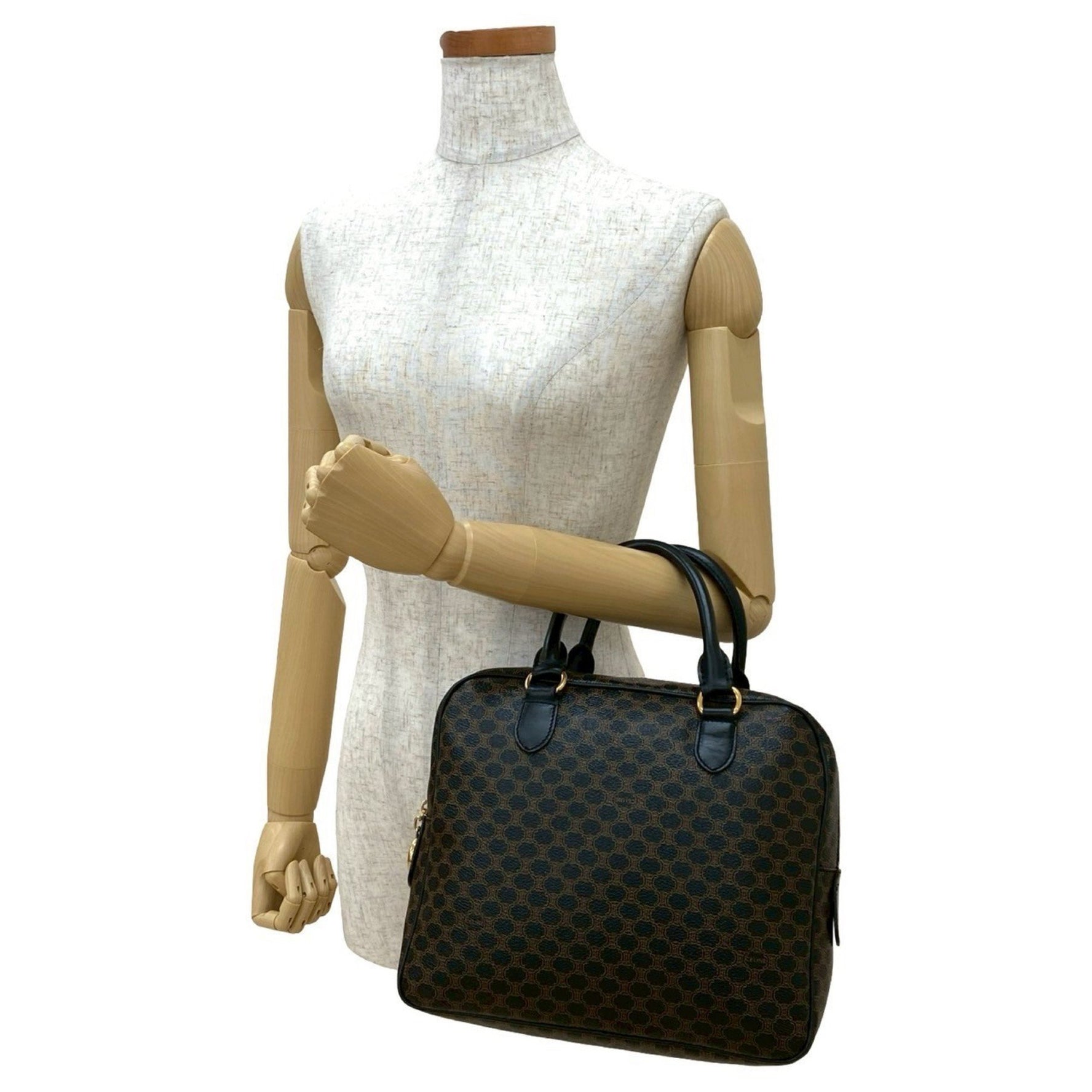 CELINE Macadam Blason Pattern Leather Handbag/Boston Bag, Black/Brown, 402-1