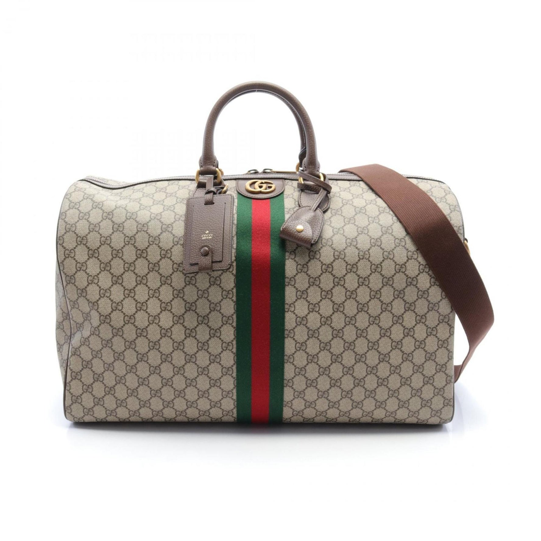 Gucci GG Supreme Sherry Line Boston Bag, Coated Canvas, Leather, Men's, Beige, Brown, Multicolor