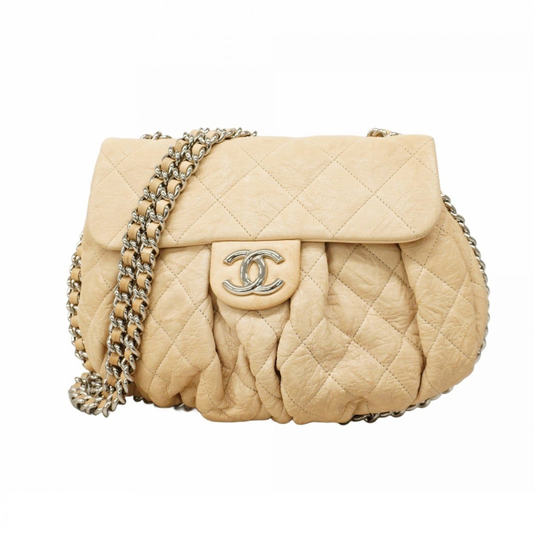 Chanel Matelasse Shoulder Bag with Chain Bag, Beige Leather, Women's