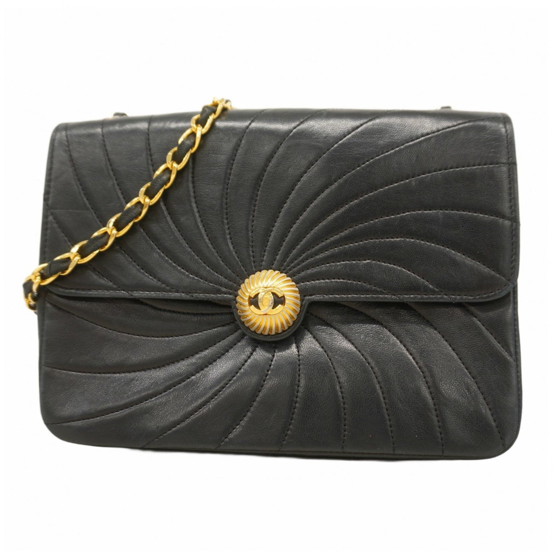 Chanel Shoulder Bag Chain Wave Stitch Lambskin Black Women's