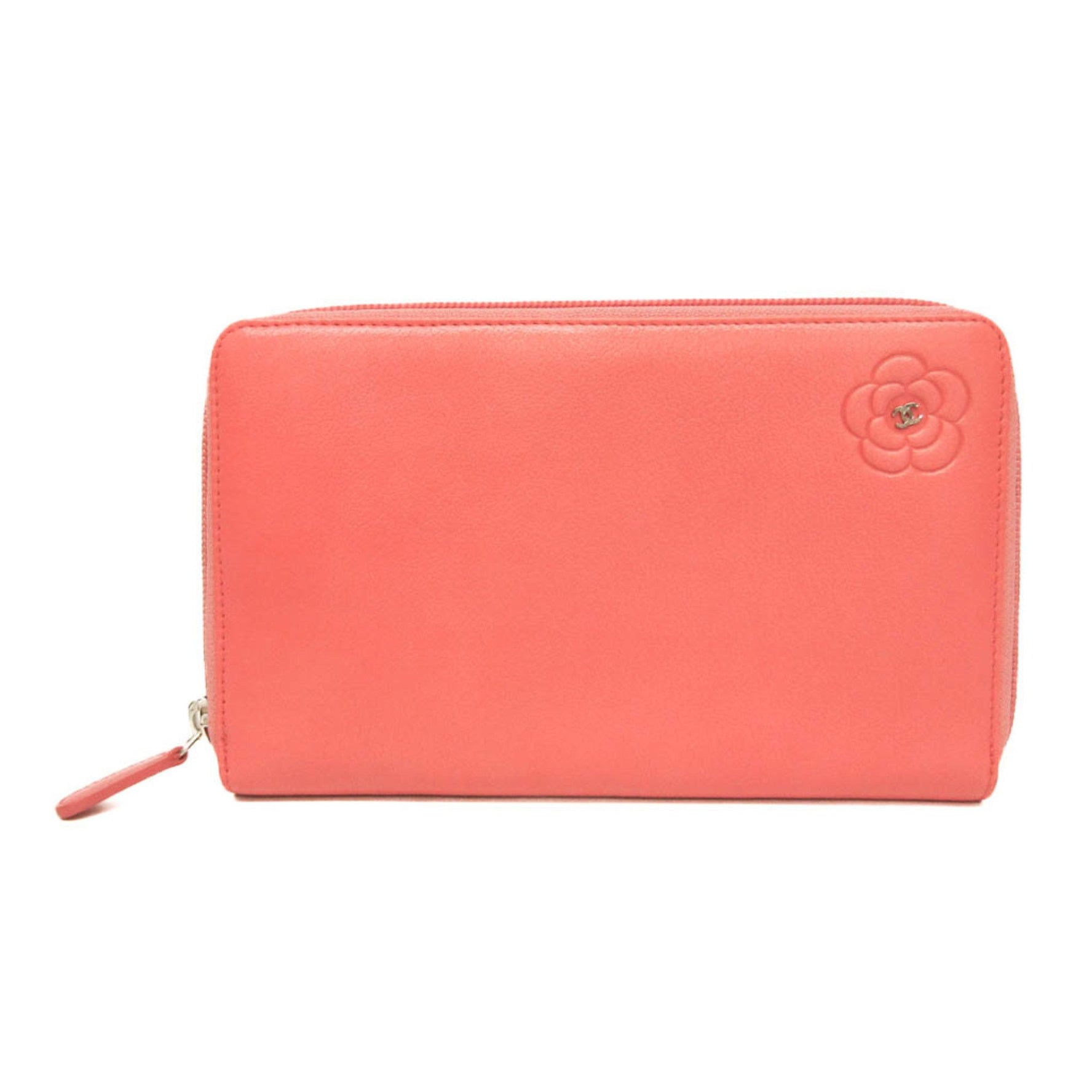 Chanel Camellia Women's Leather Long Wallet (bi-fold) Coral Pink