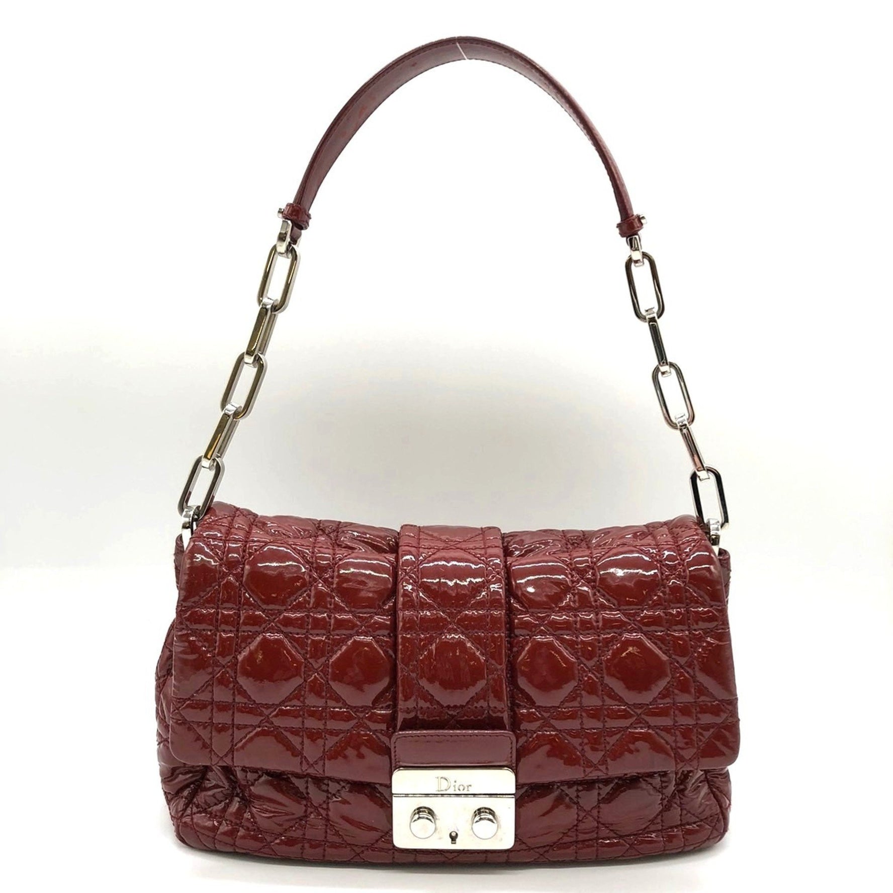 Christian Dior Dior Cannage Chain Shoulder Bag Handbag Red Patent Leather