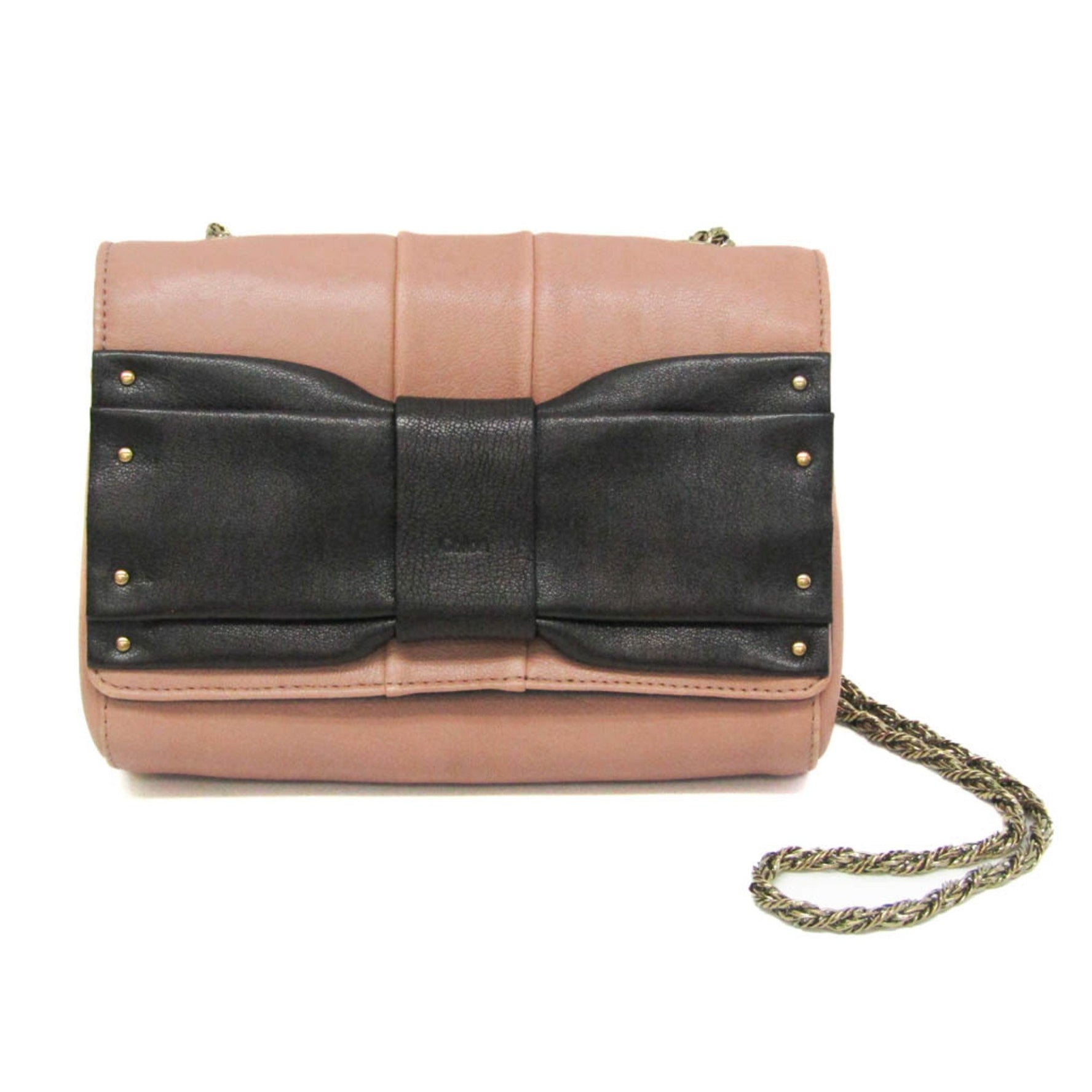 Chloé Ribbon Motif June Leather Shoulder Bag Black,Pink Beige