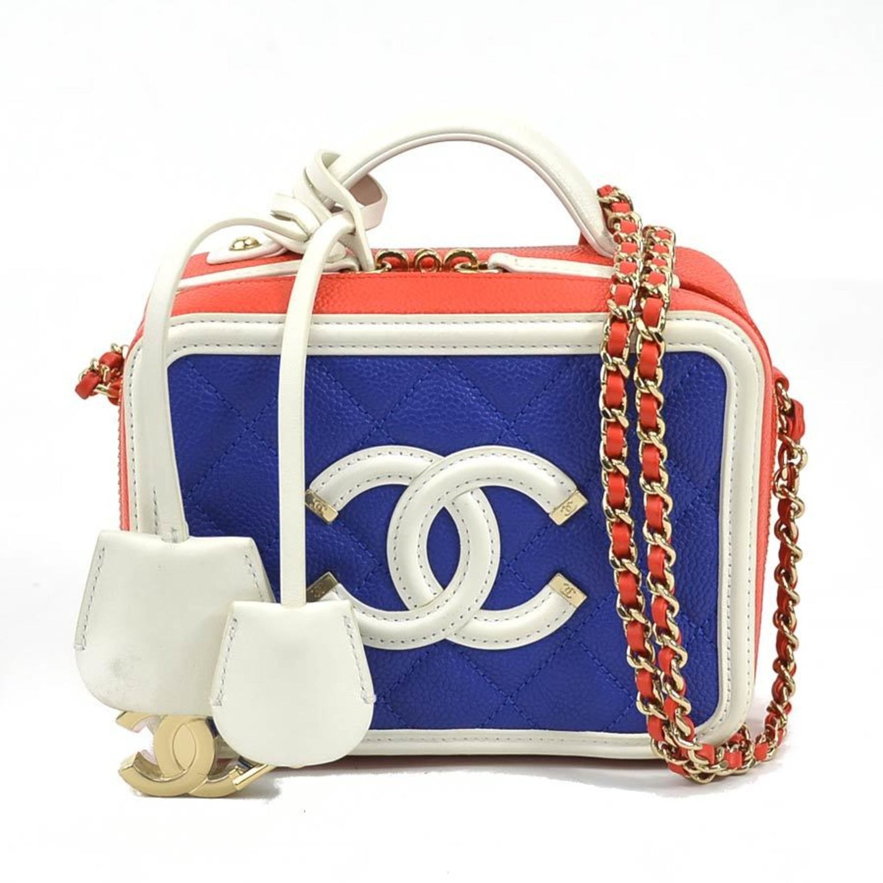 CHANEL Crossbody Shoulder Bag CC Figly Caviar Skin Leather Blue x White Orange