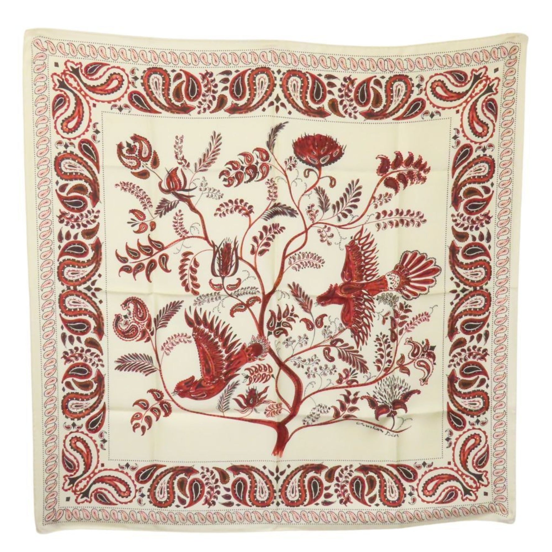 Christian Dior Scarf/Muffler Silk White Red Paisley Bird Large Women's