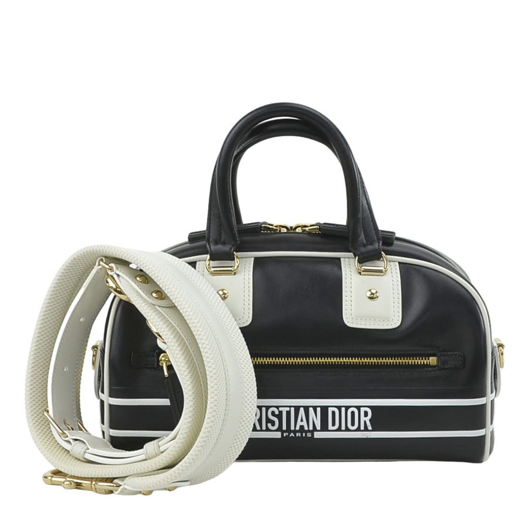Christian Dior handbag shoulder bag Vibe small bowling leather black white gold ladies