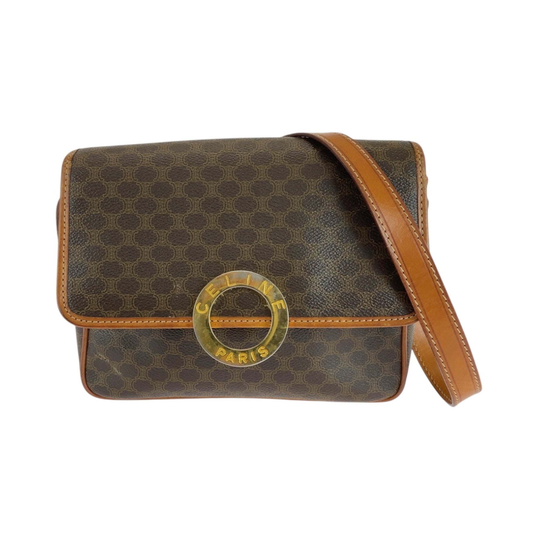 CELINE Vintage Macadam Pattern Circle Logo Gold Hardware Shoulder Bag Pochette