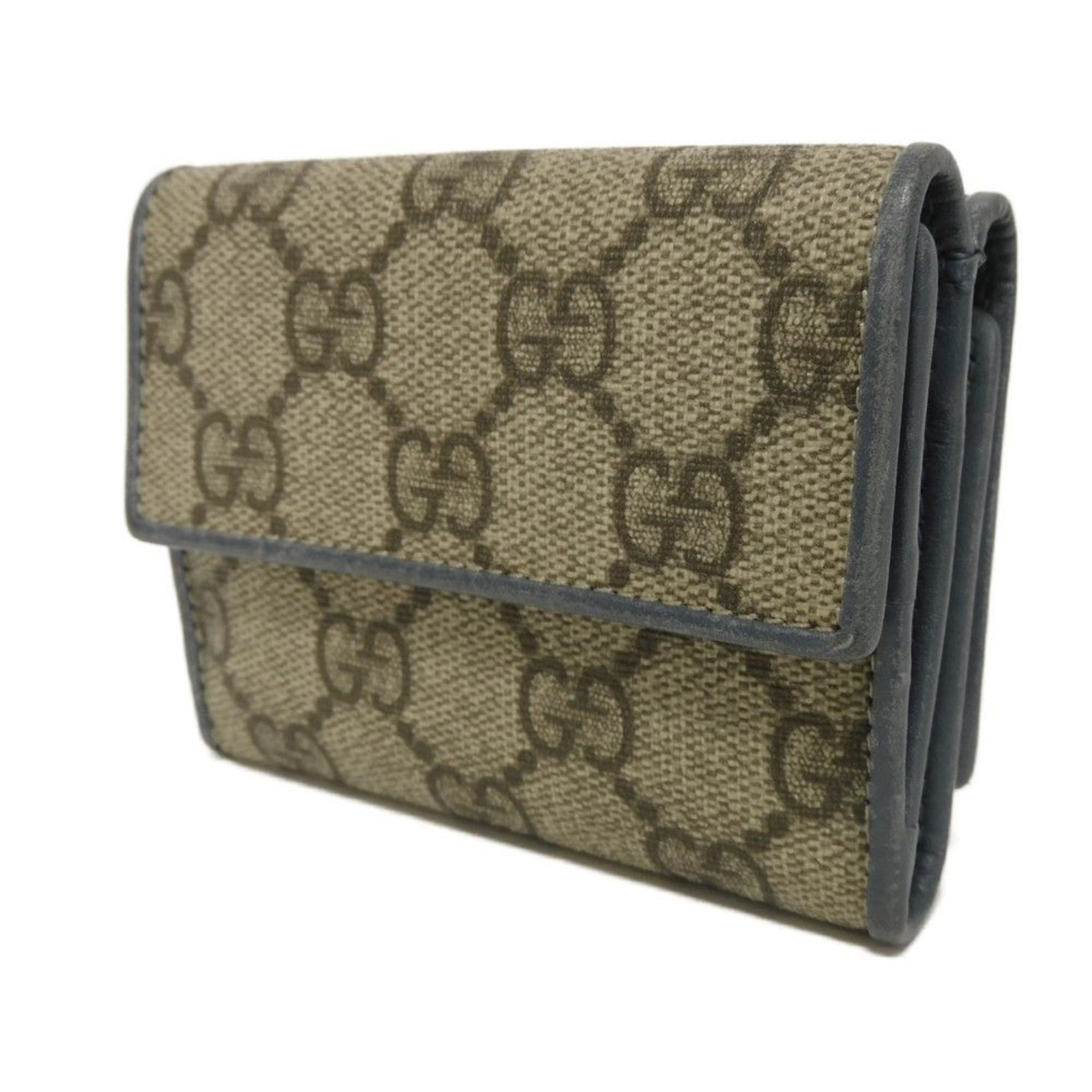 Gucci GG Supreme Mini Tri-fold Wallet with Key Ring Chain, Blue-Gray, Compact Wallet, Double G, Men's and
