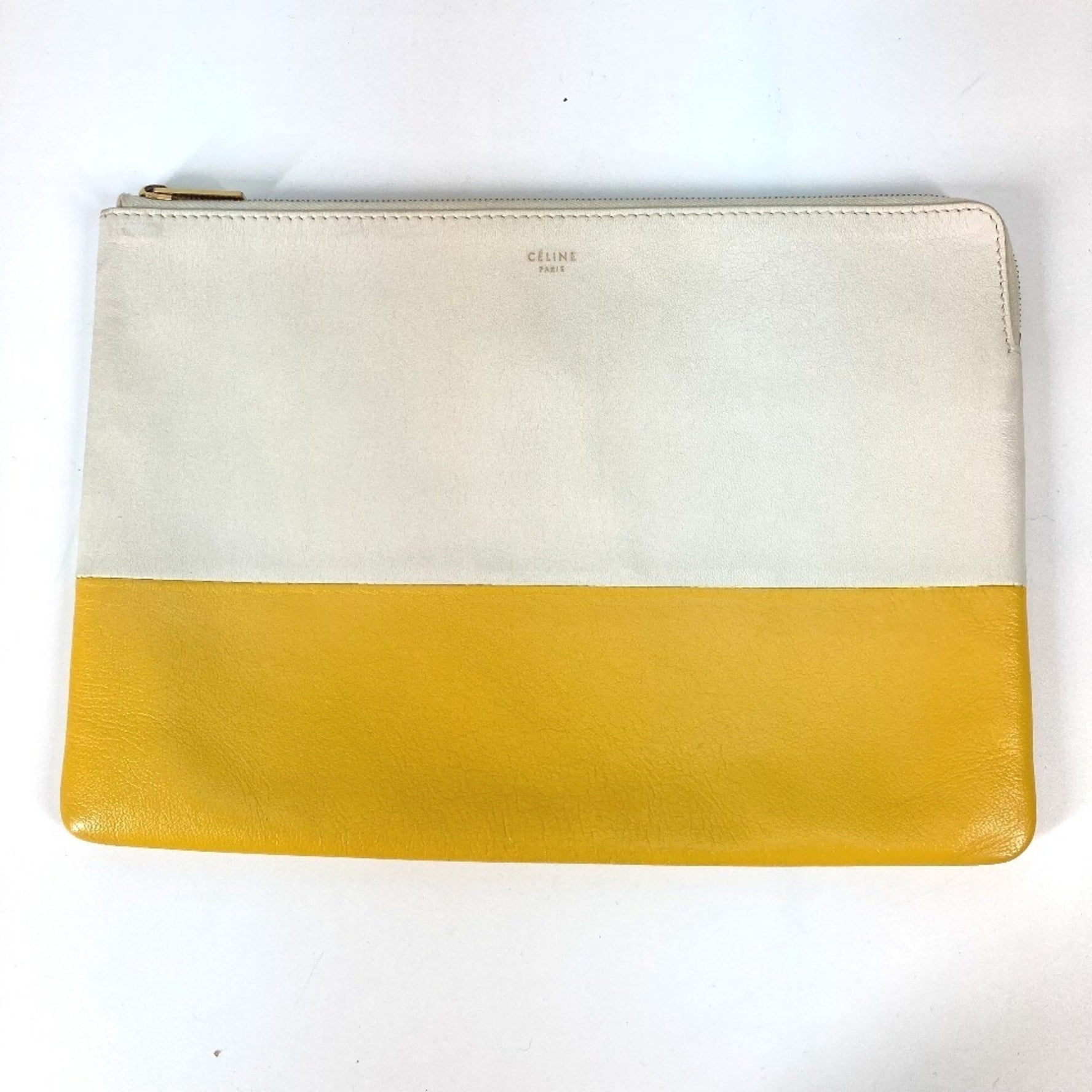 CELINE Two-tone Pouch Clutch Bag Leather White x Yellow