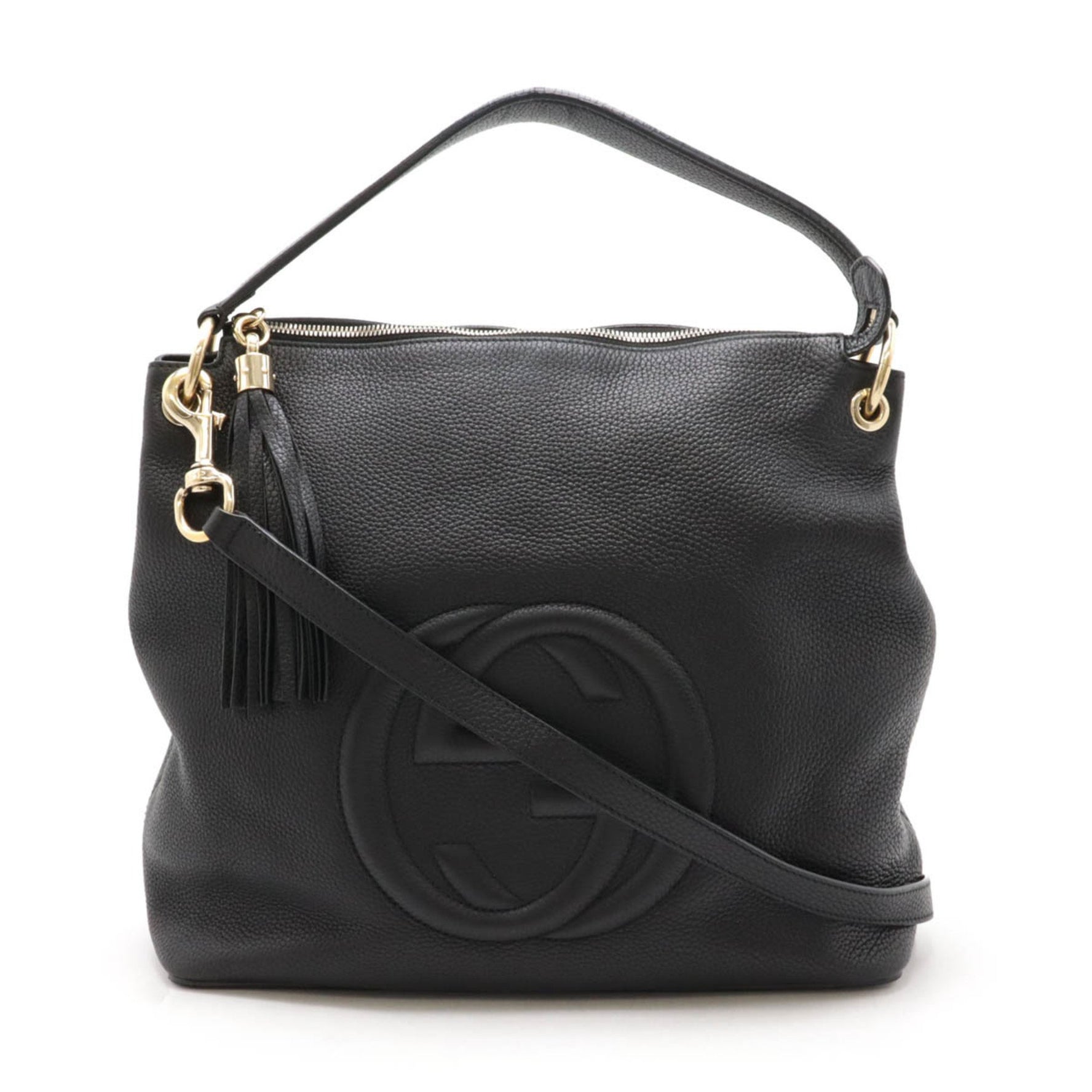 GUCCI Soho Interlocking G Tassel Shoulder Bag Handbag Leather Black