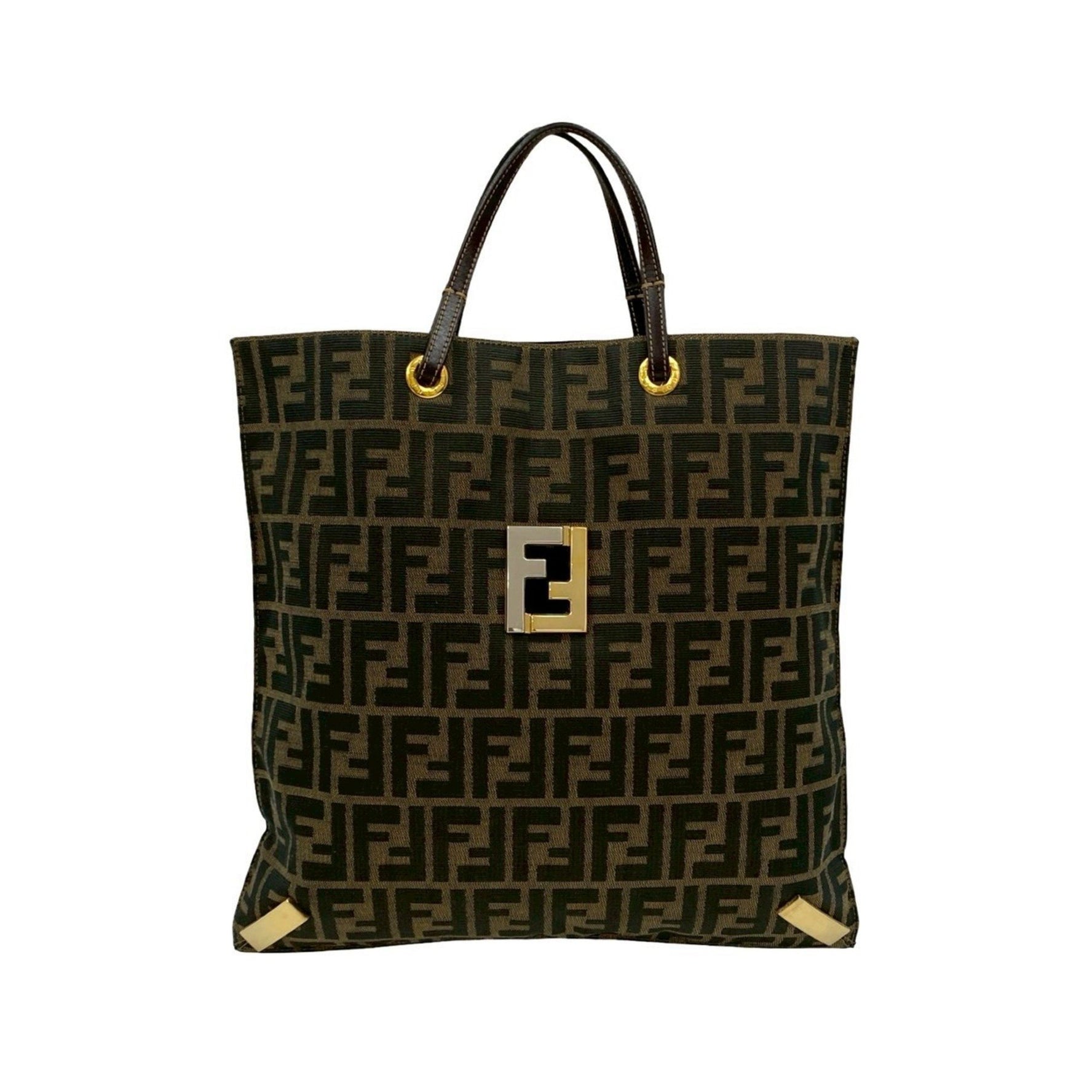 FENDI Zucca FF all-over print logo hardware canvas and leather tote bag, handbag, business brown