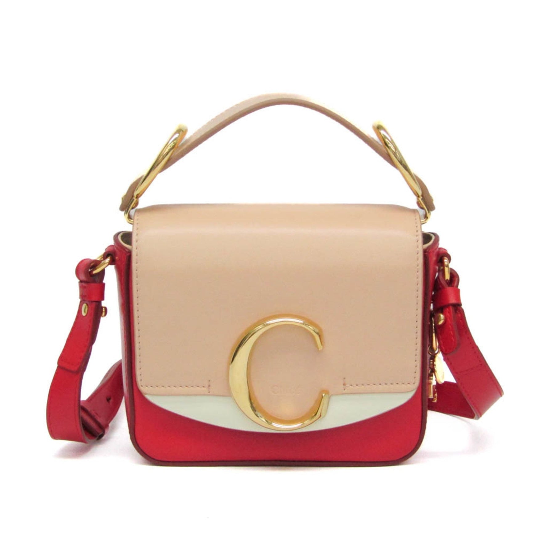 Chloé Chloe C Mini Leather Handbag,Shoulder Bag Light Beige,Red Color