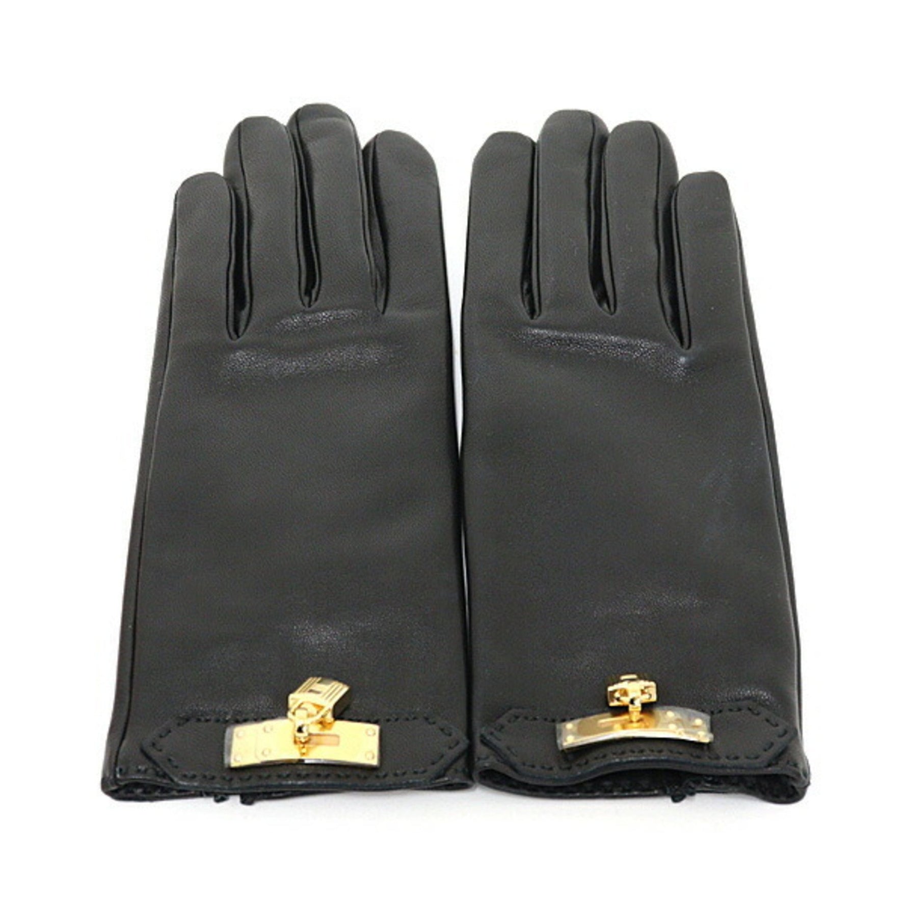 Hermes Gloves Soya Anjou Glacé Black/Kelly Cadena Lamb Leather