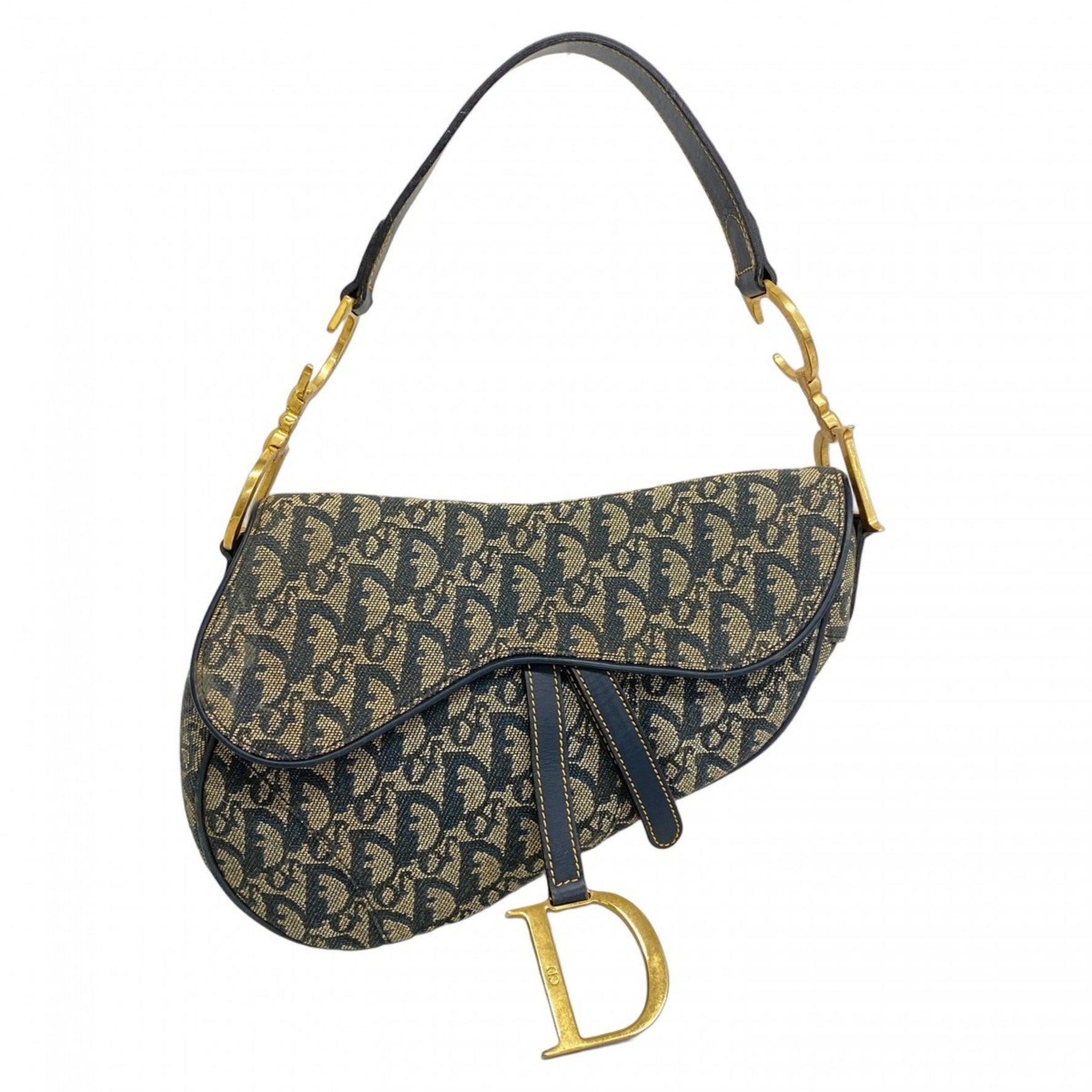 Christian Dior Trotter Saddle Bag Canvas Navy Women's Handbag