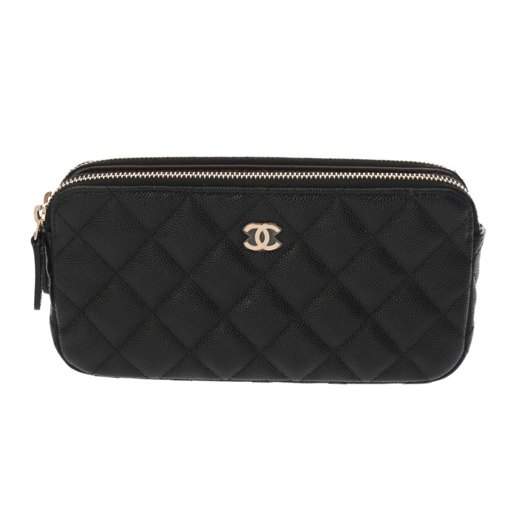 CHANEL Double Zipper Chain Wallet Caviar Skin Shoulder Bag
