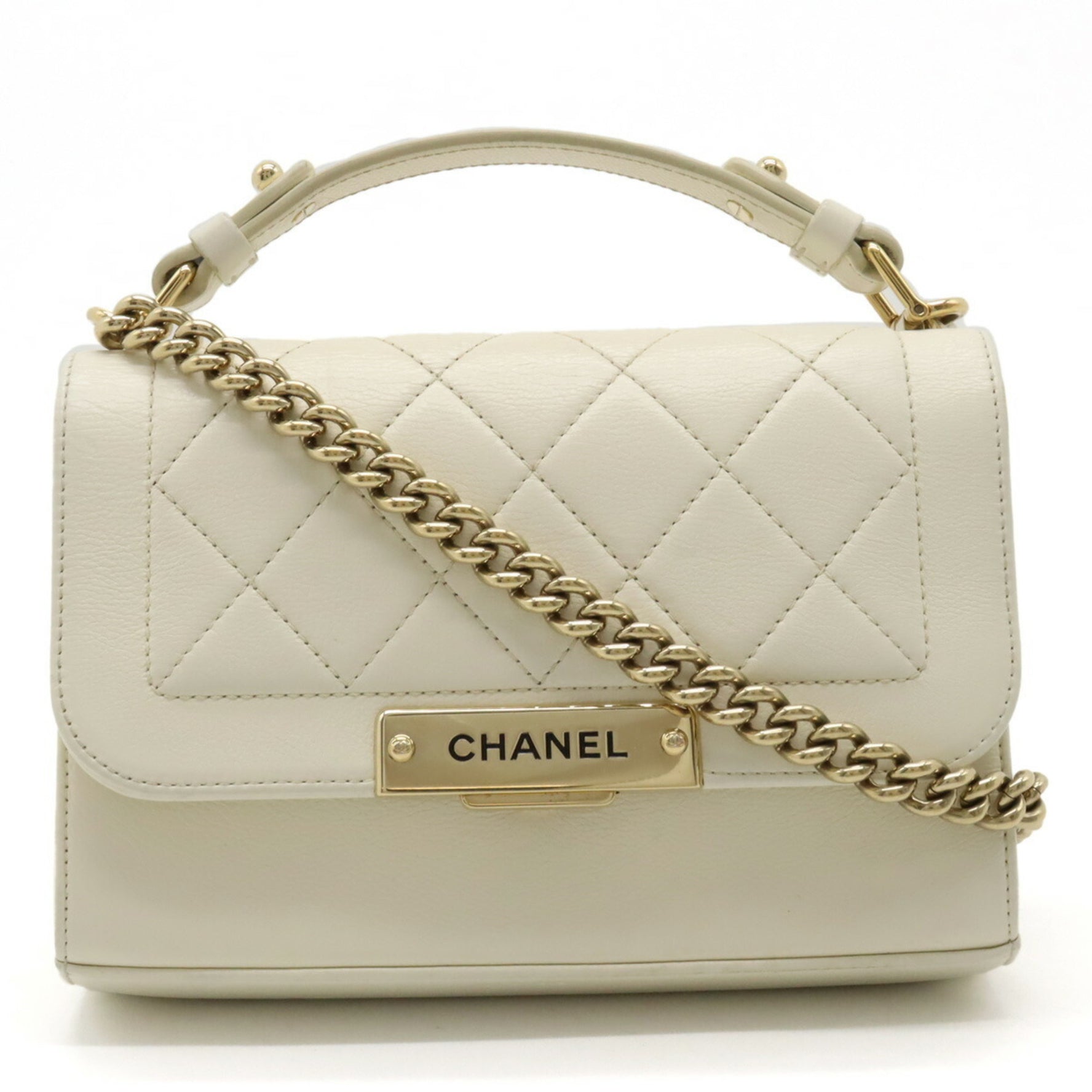 CHANEL Matelasse Handbag Chain Shoulder Bag Leather Ivory White