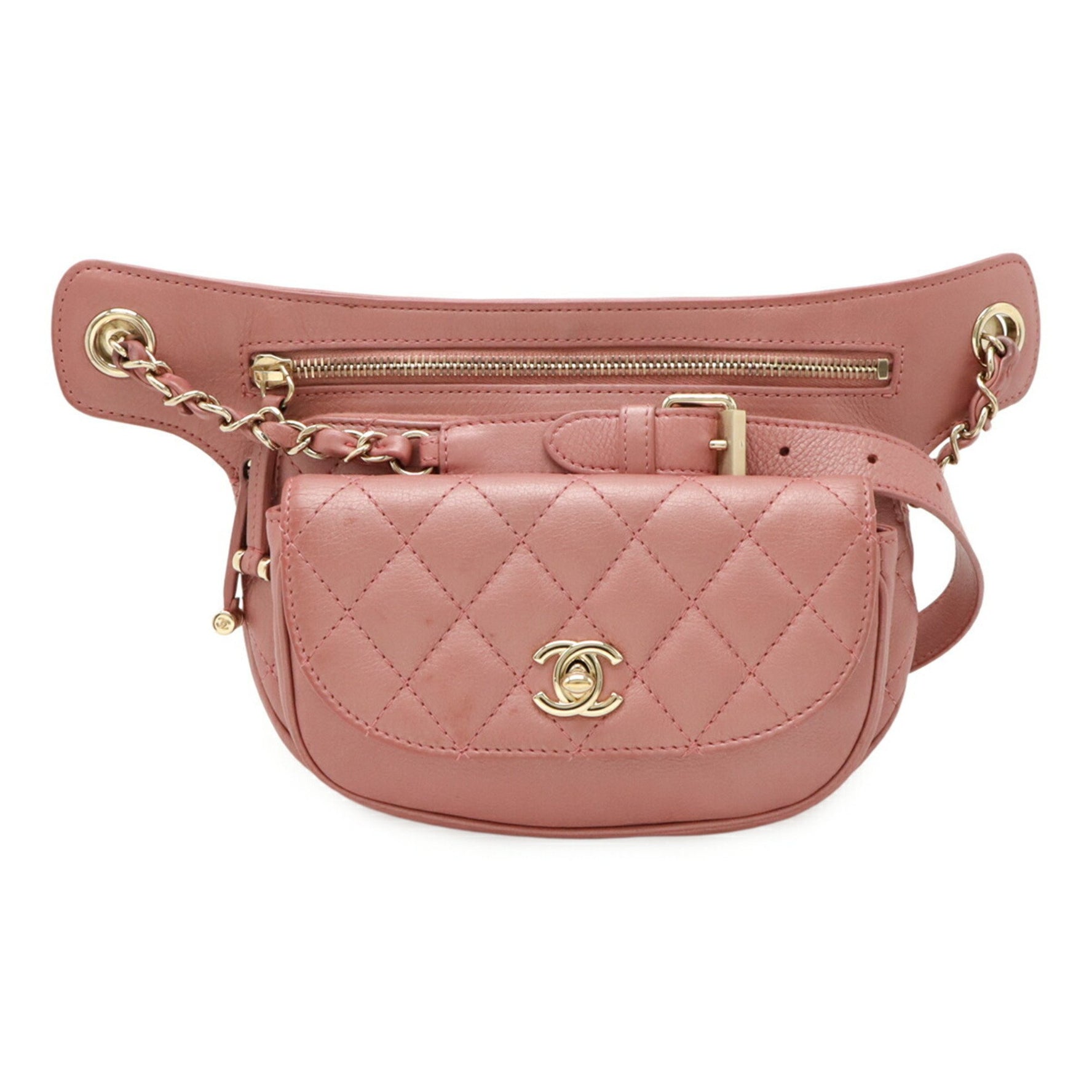 CHANEL Matelasse Coco Mark Belt Bag Body Waist Pouch Chain Shoulder Leather Pink