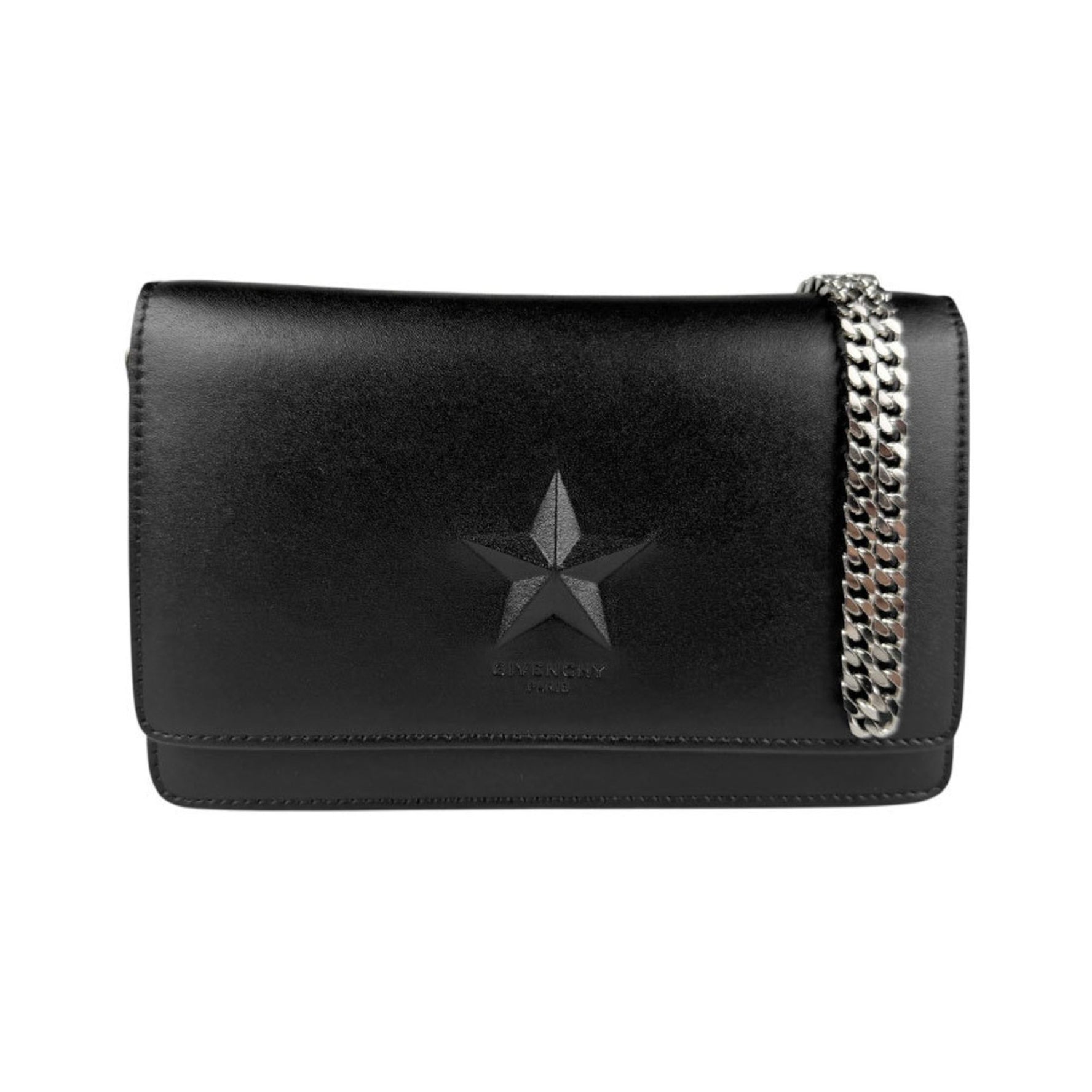 GIVENCHY Wallet Chain Shoulder Bag Leather Metal Black Silver