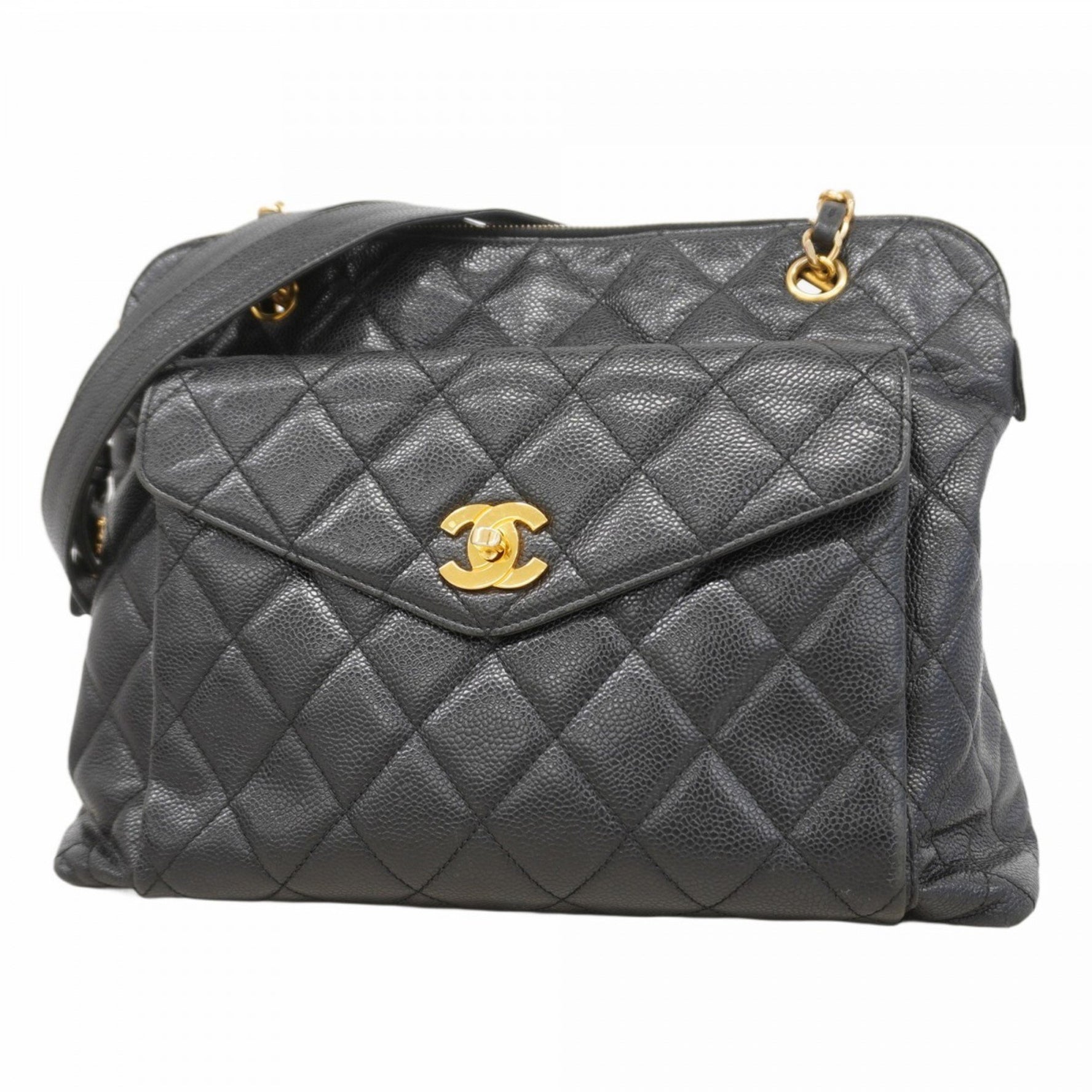 Chanel Matelasse Shoulder Bag with Chain, Caviar Skin, Black, Women's
