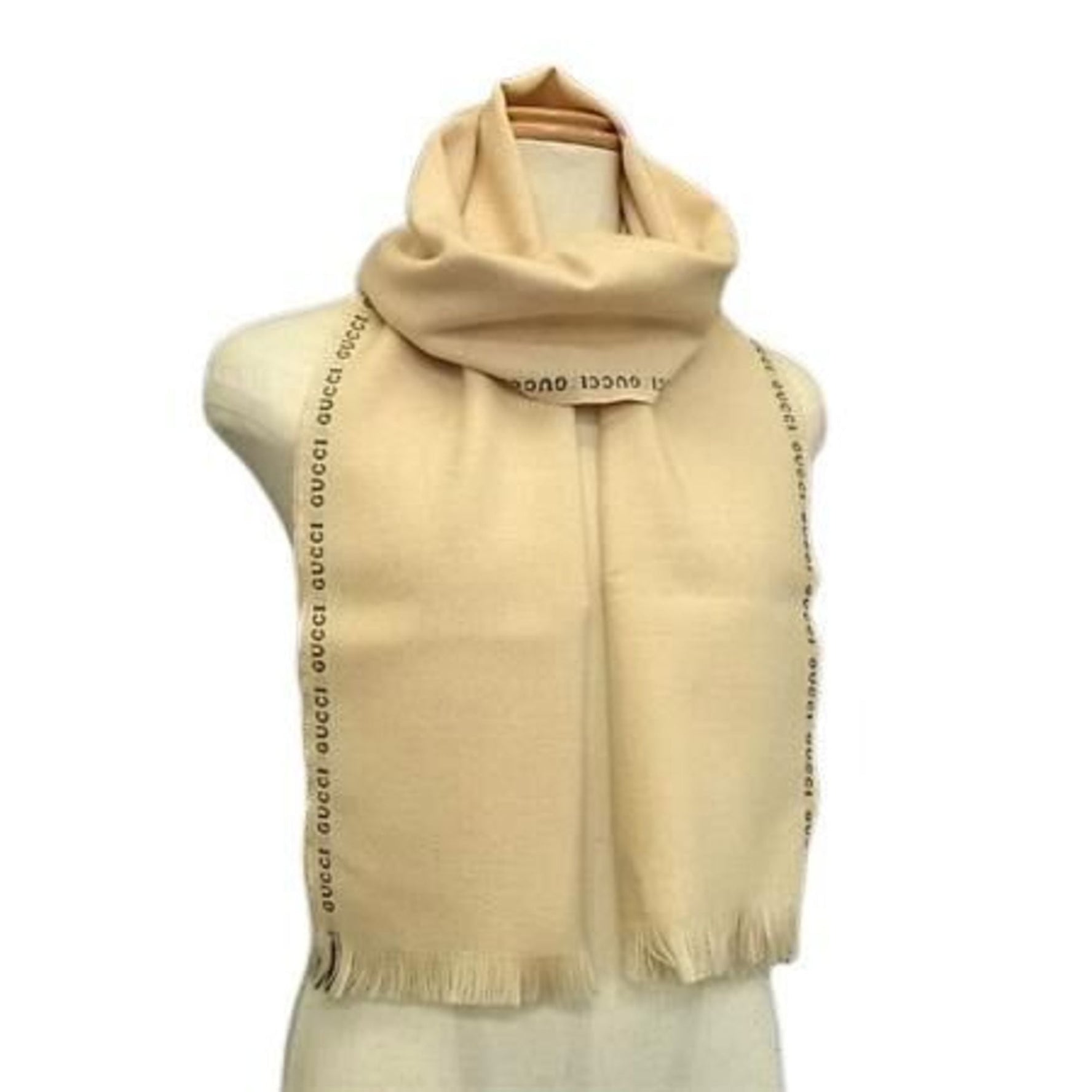 GUCCI Beige Black Wool Scarf