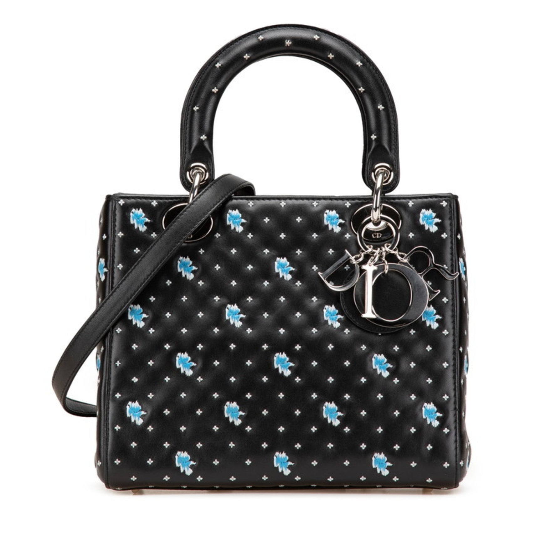 Christian Dior Dior Embroidered Flower Handbag/Shoulder Bag, Black/Blue Leather