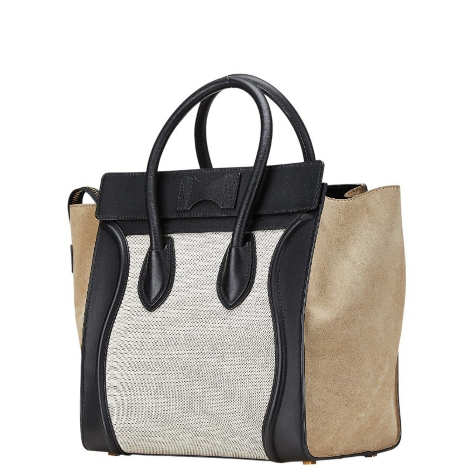 Celine Luggage Mini Shopper Handbag Black Greige White Leather Canvas Suede