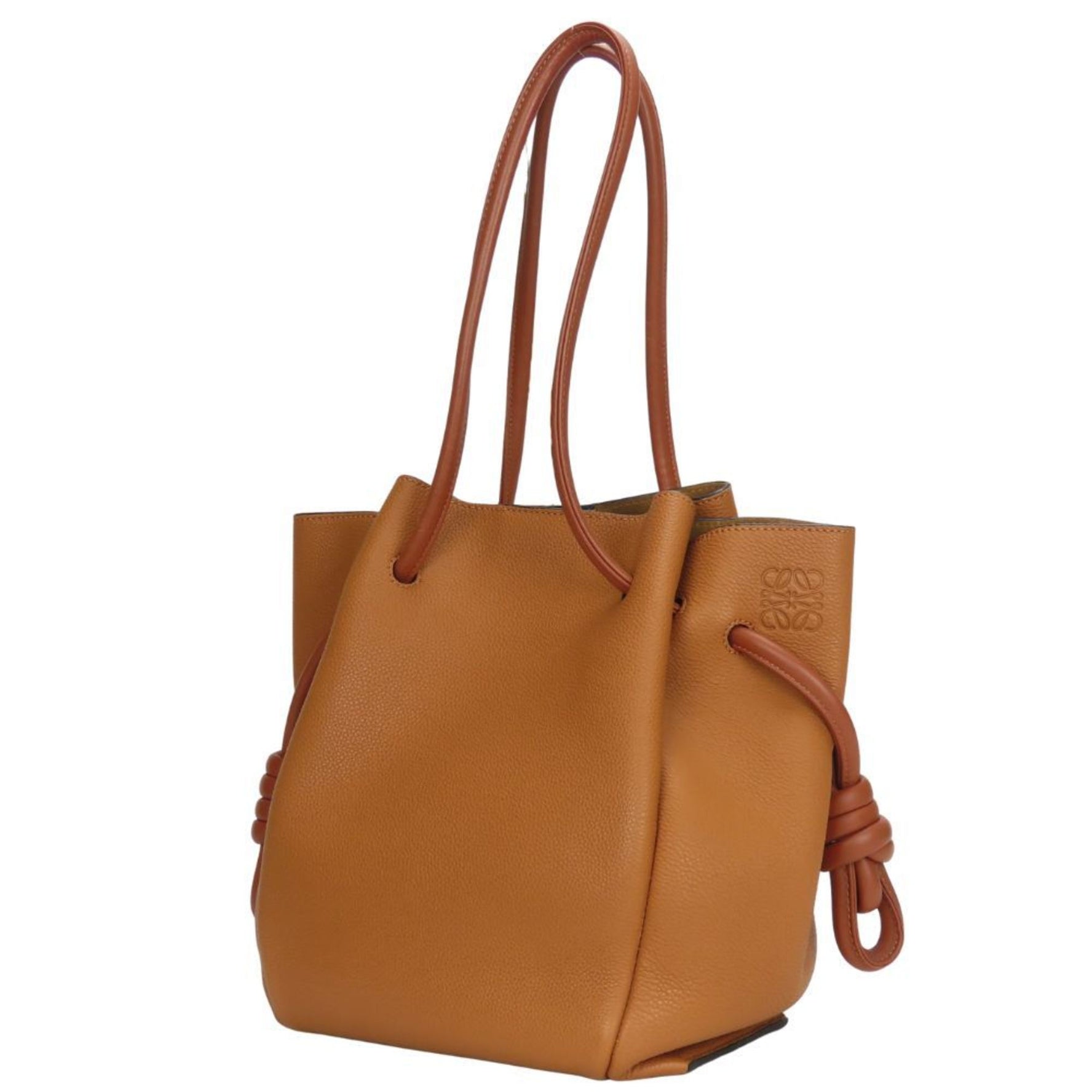 LOEWE Flamenco Knot Leather Tote Bag in Camel and Brown with Anagram Design