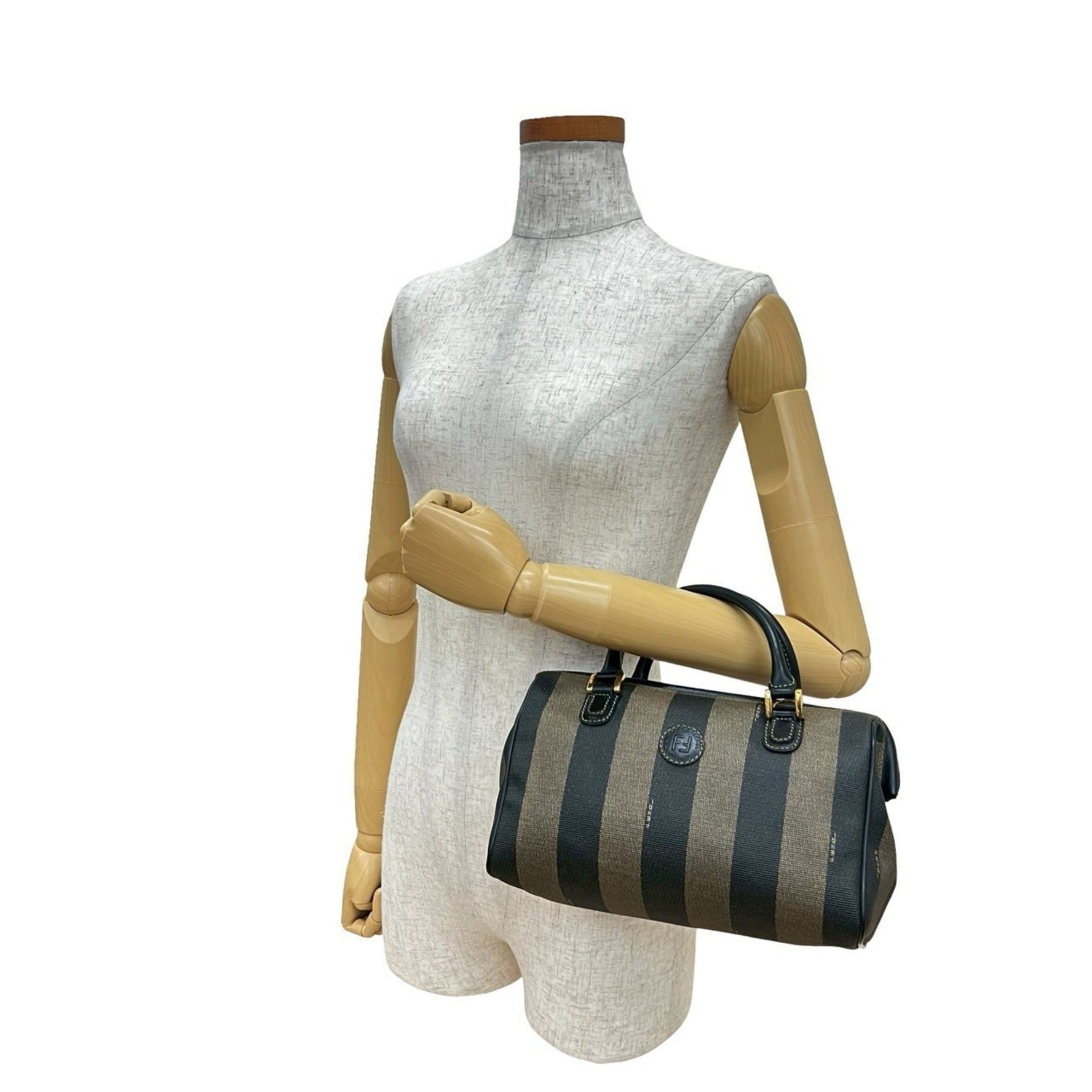 FENDI Pecan print FF logo embossed leather handbag/mini Boston bag in black and khaki