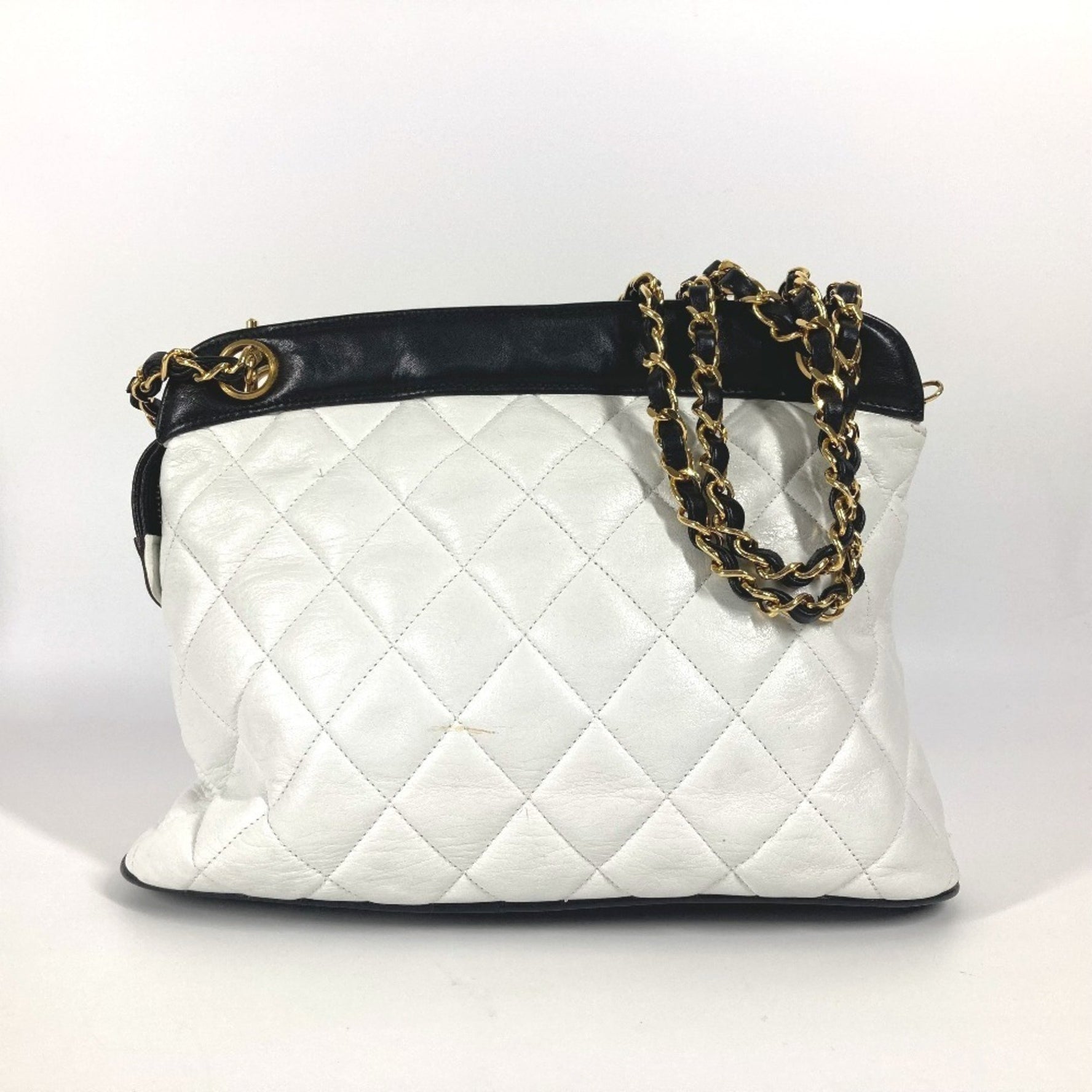 CHANEL Vintage Bicolor CC Coco Mark Double Chain Shoulder Bag Leather Women's White