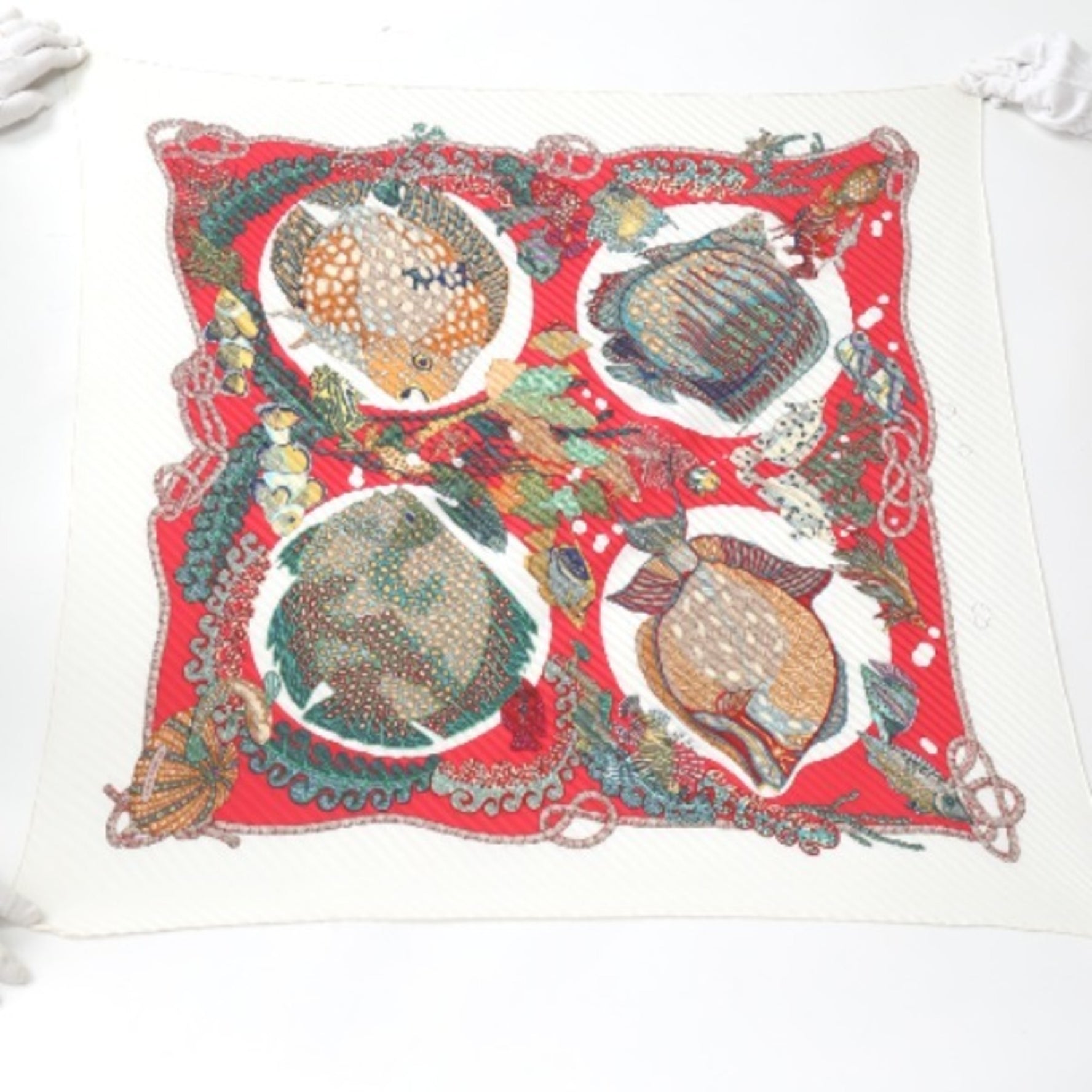 HERMES Pleated Scarf Carre Fish Pattern Red x White