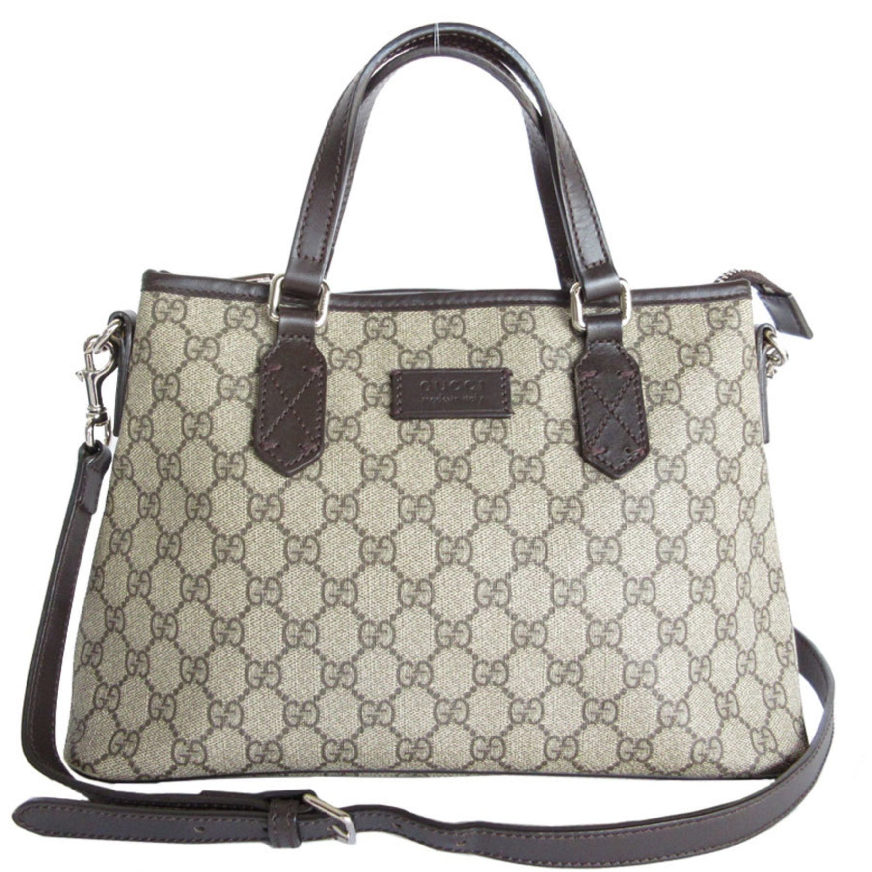 GUCCI Handbag Shoulder Bag GG Supreme Leather Beige Brown Silver