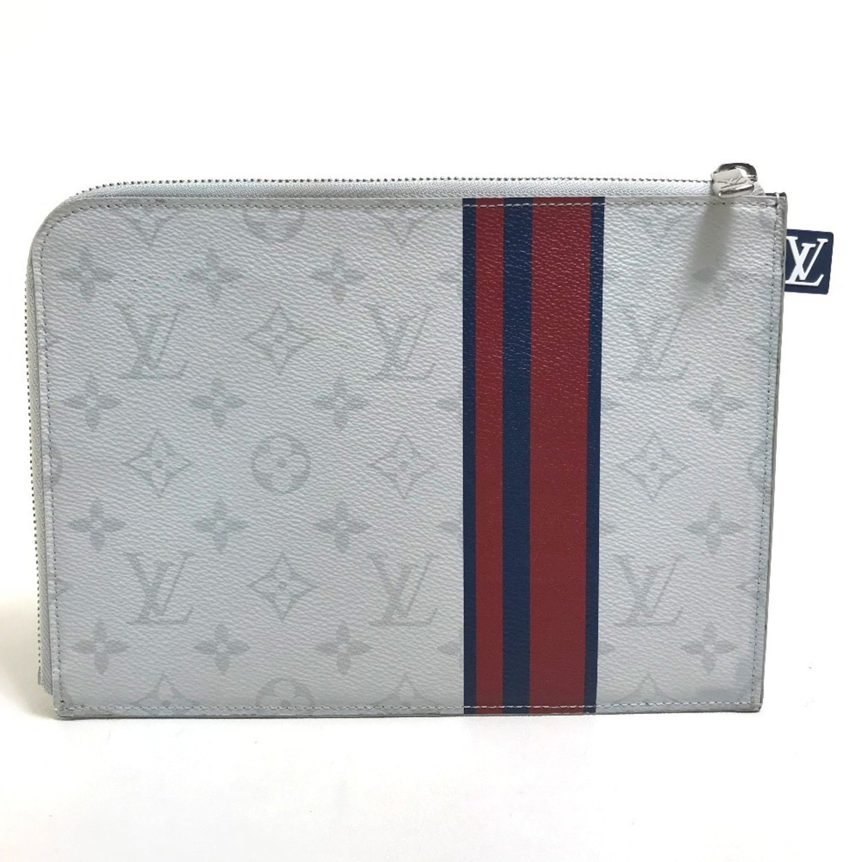 LOUIS VUITTON M61745 Monogram White Pochette Jour PM L-Zip Second Bag/Clutch Bag in Canvas, Men's, x Red Blue