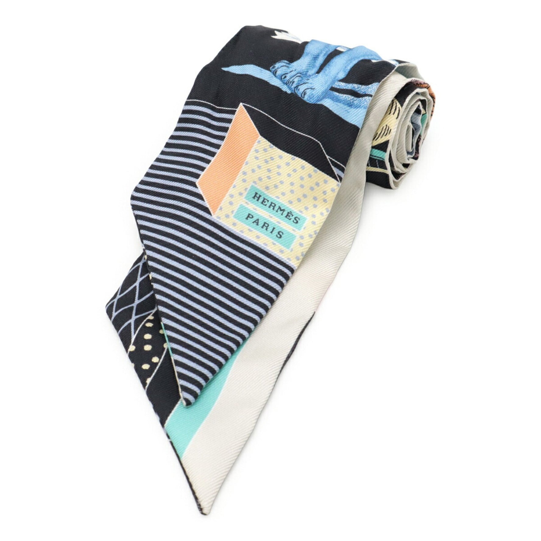 HERMES TWELL Twilly Scarf/Bag GRAND THEATRE NOUVEAU 100% Silk Black Multicolor