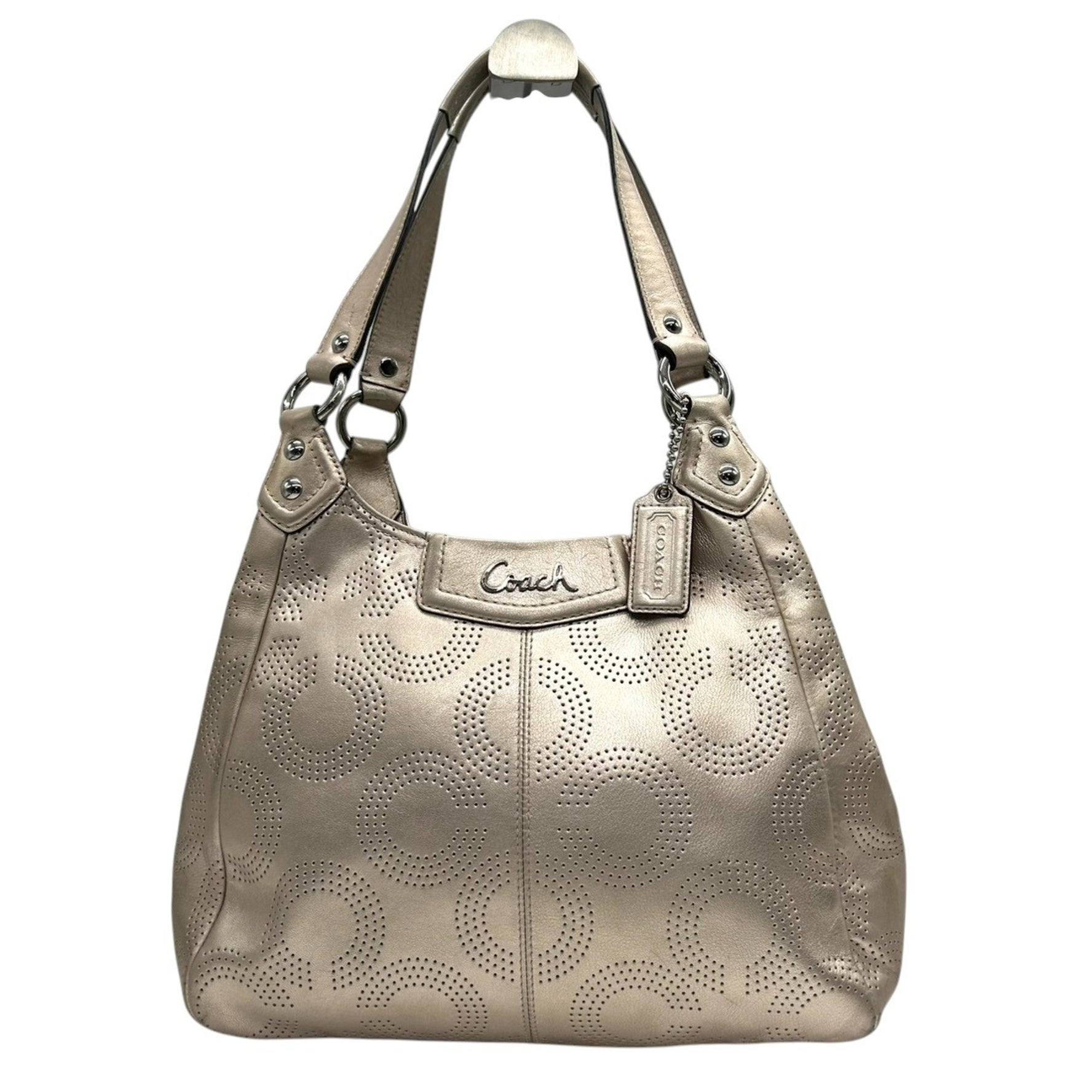COACH One-Shoulder Shoulder Bag Perforated Leather with Op Art Signature in Gold and Champagne Gold, Size 99