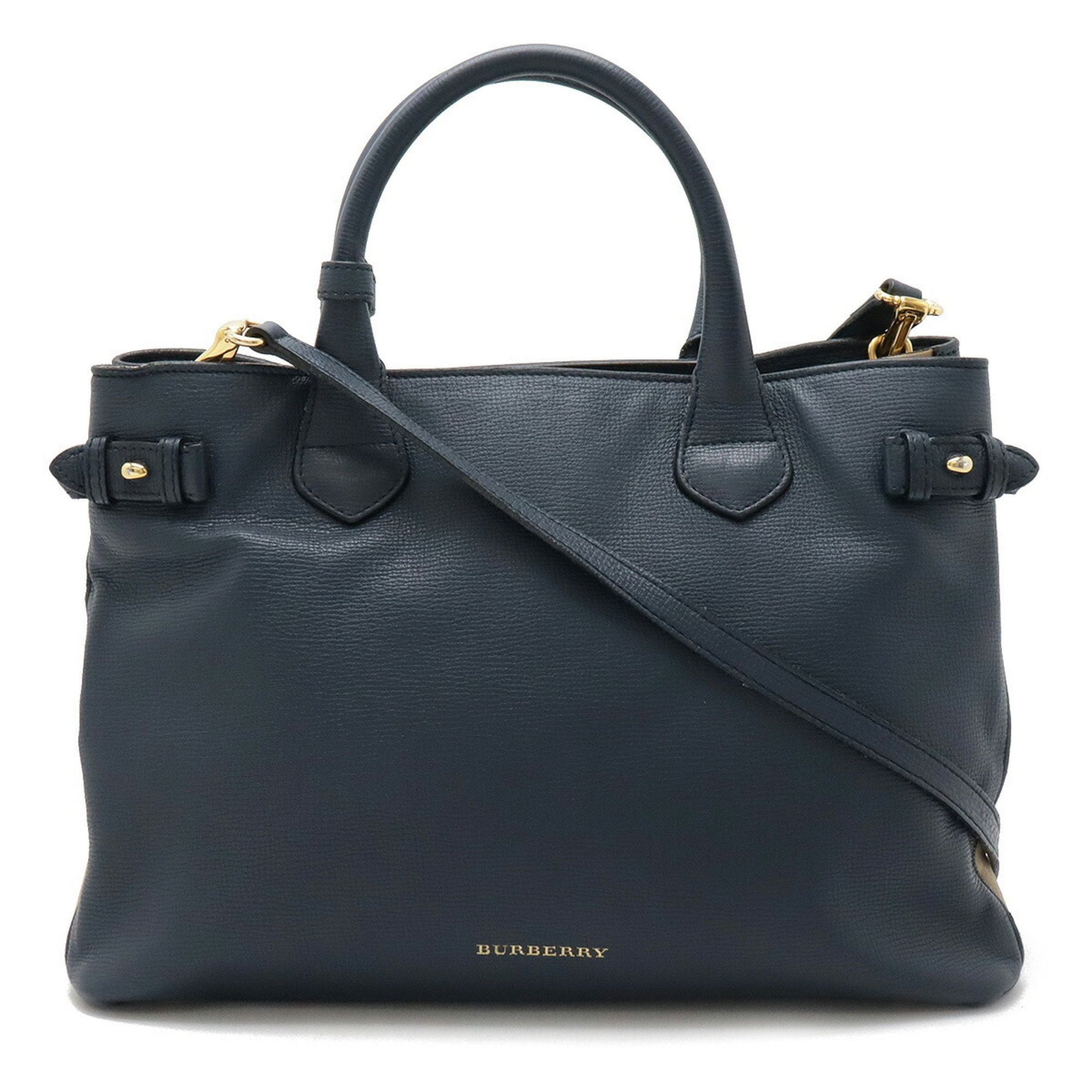 BURBERRY Banner House Check Side Tote Bag Shoulder Leather Navy
