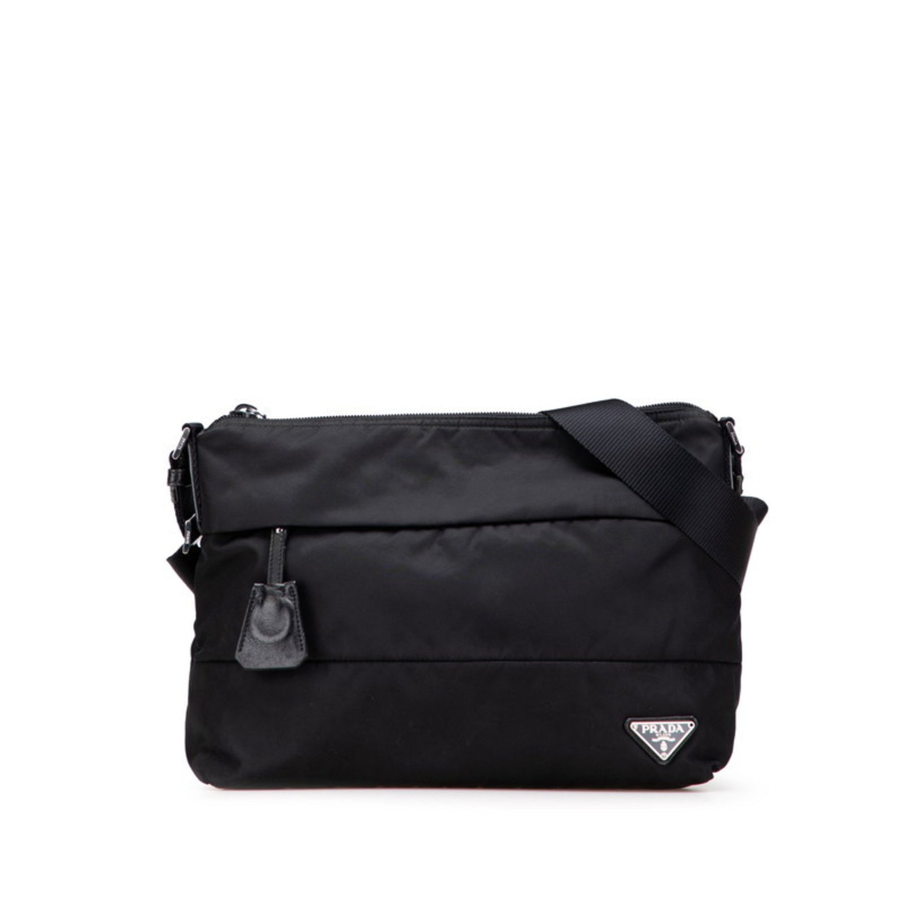 Prada Triangle Logo Plate Crossbody Shoulder Bag Black Nylon Leather Women's PRADA