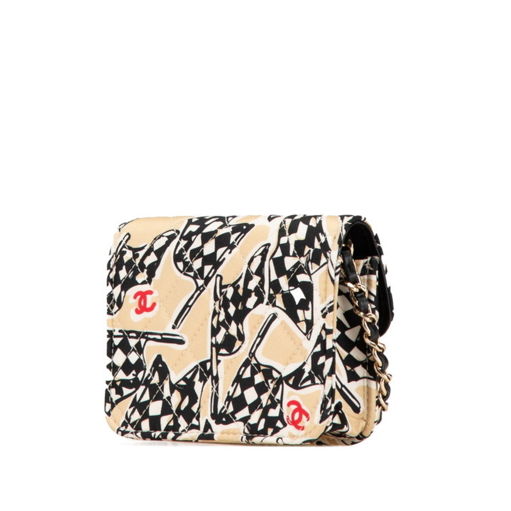 CHANEL Matelasse Checkered Flag Coco Mark Mini Crossbody Chain Shoulder Bag in Beige and Black Cotton Leather.