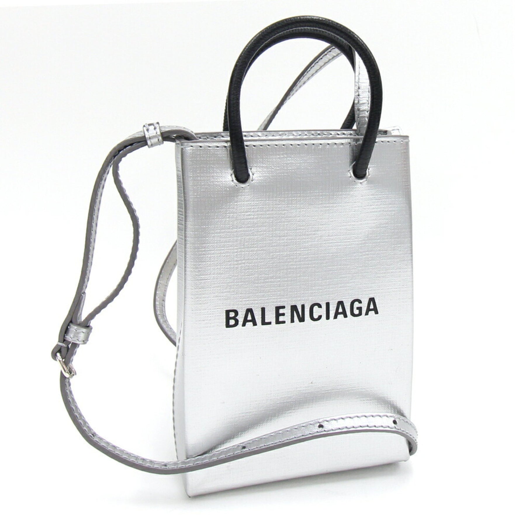 Balenciaga Handbag Phone Holder Silver Black Leather Pochette Smartphone Pouch Bag BALENCIAGA