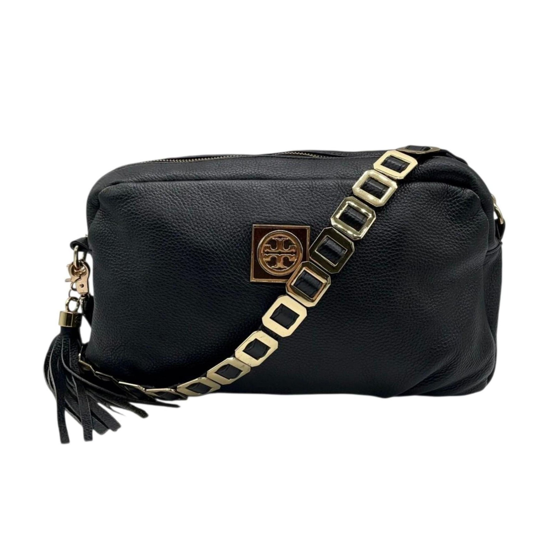 TORY BURCH Shoulder Bag/Handbag, Chain Bag with Tassel and Fringe, Leather Gold Hardware, Size