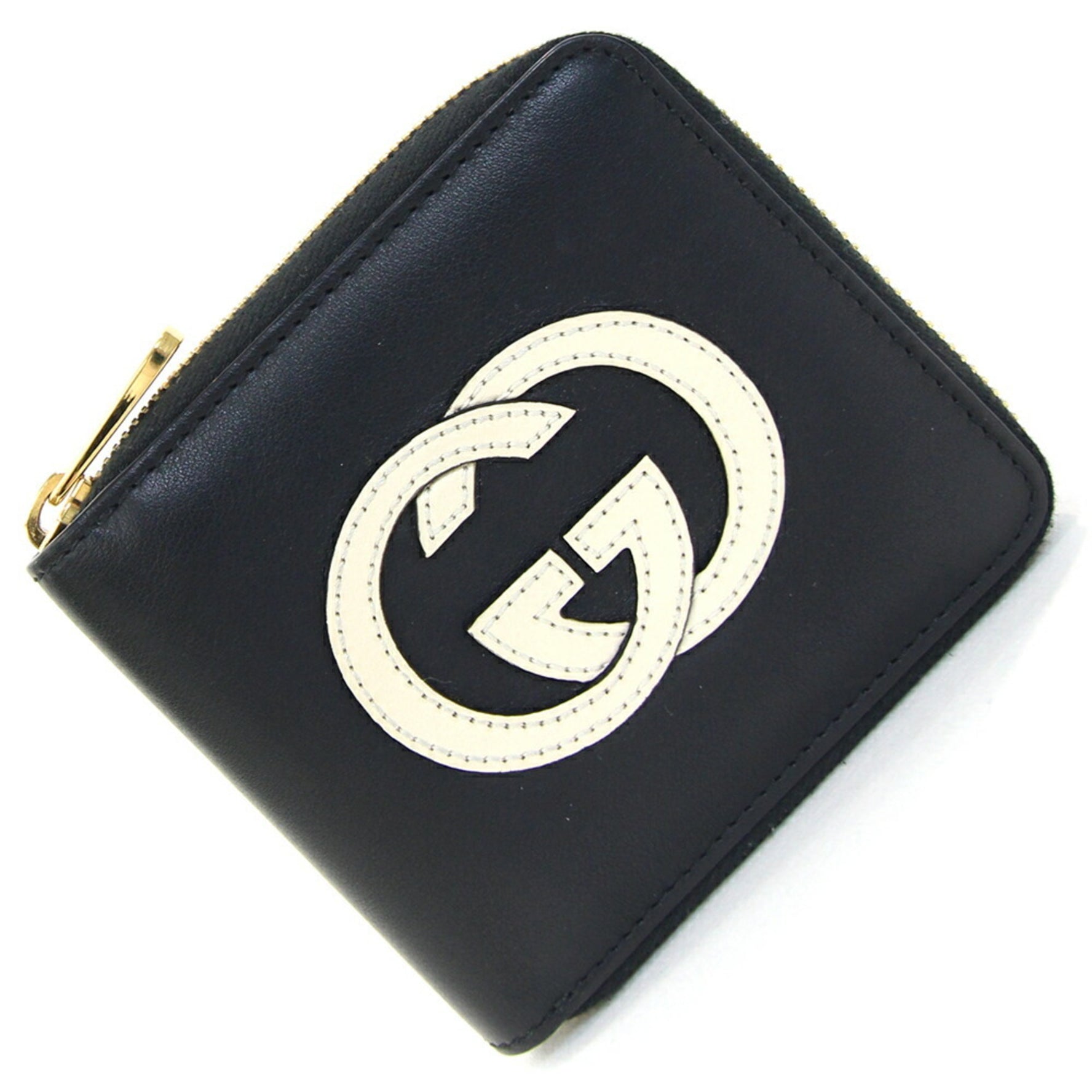 Gucci Round Bi-fold Wallet Black Ivory Leather Compact Zip