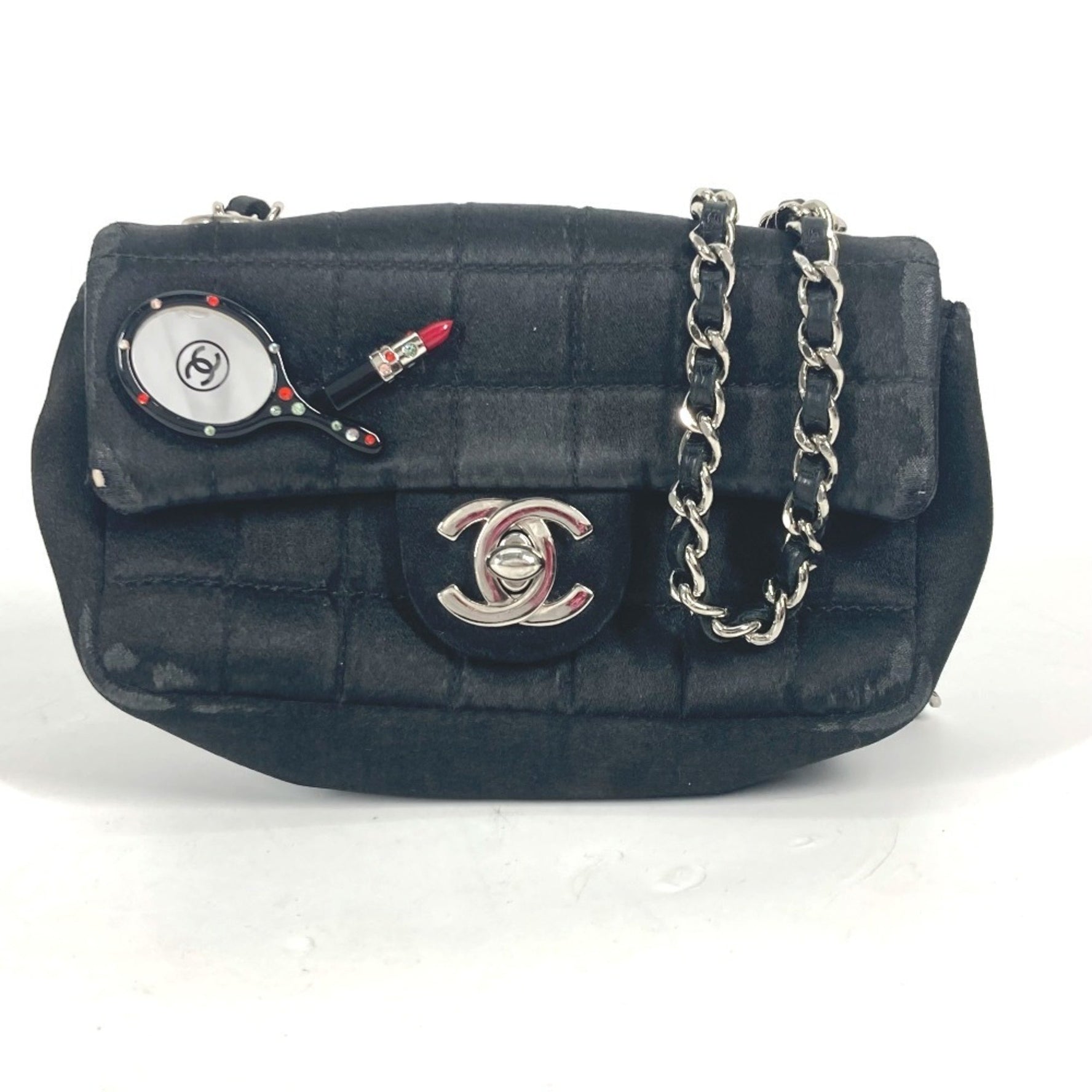 CHANEL Pochette Lipstick Mirror CC Coco Mark Chain Shoulder Bag Satin